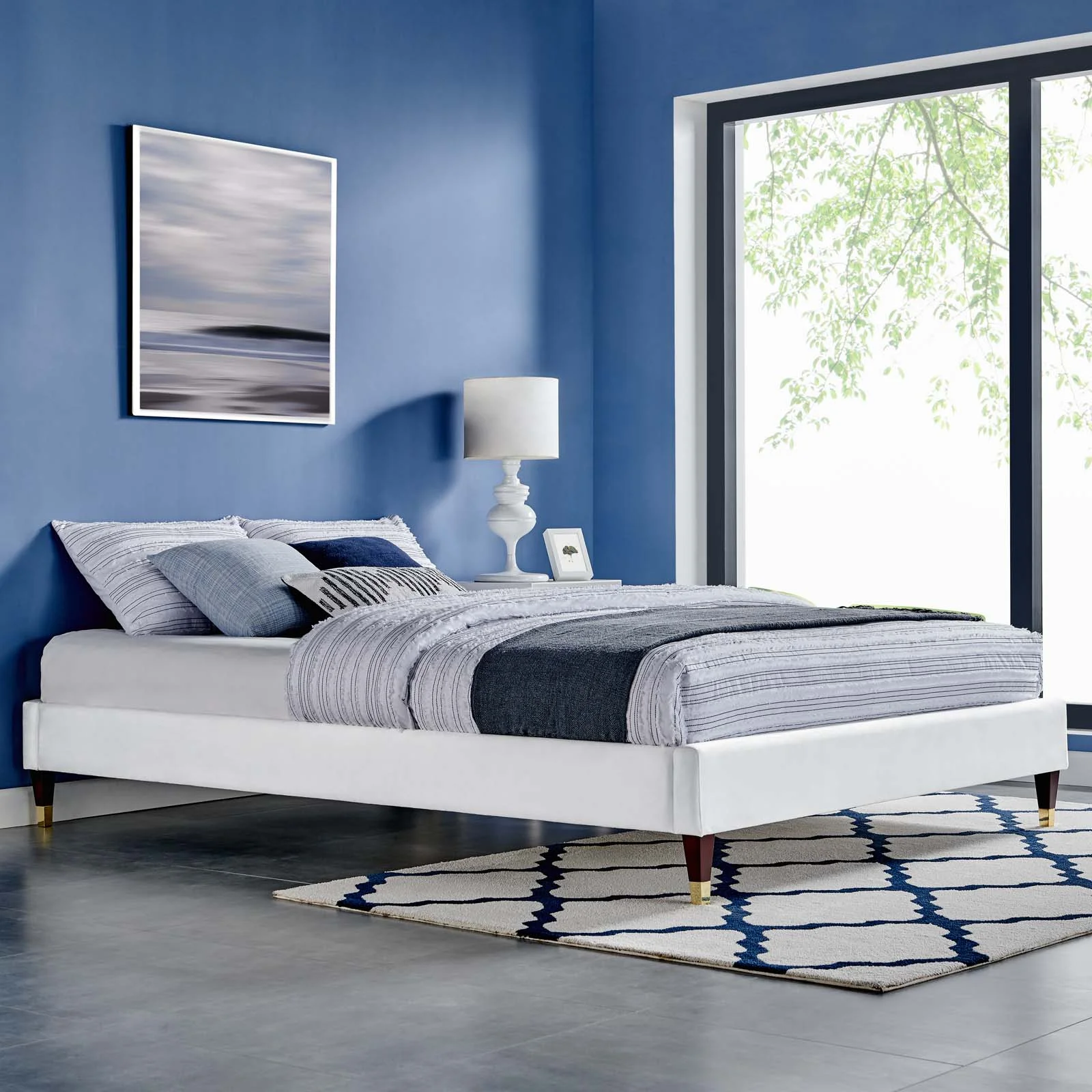 Modway Harlow Queen Performance Velvet Platform Bed Frame in White