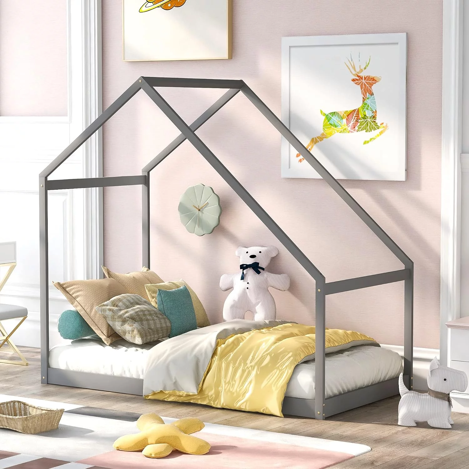 House Platform Bed, Floor Bed Frame Toddler Low Bed Platform, Easy Assembly