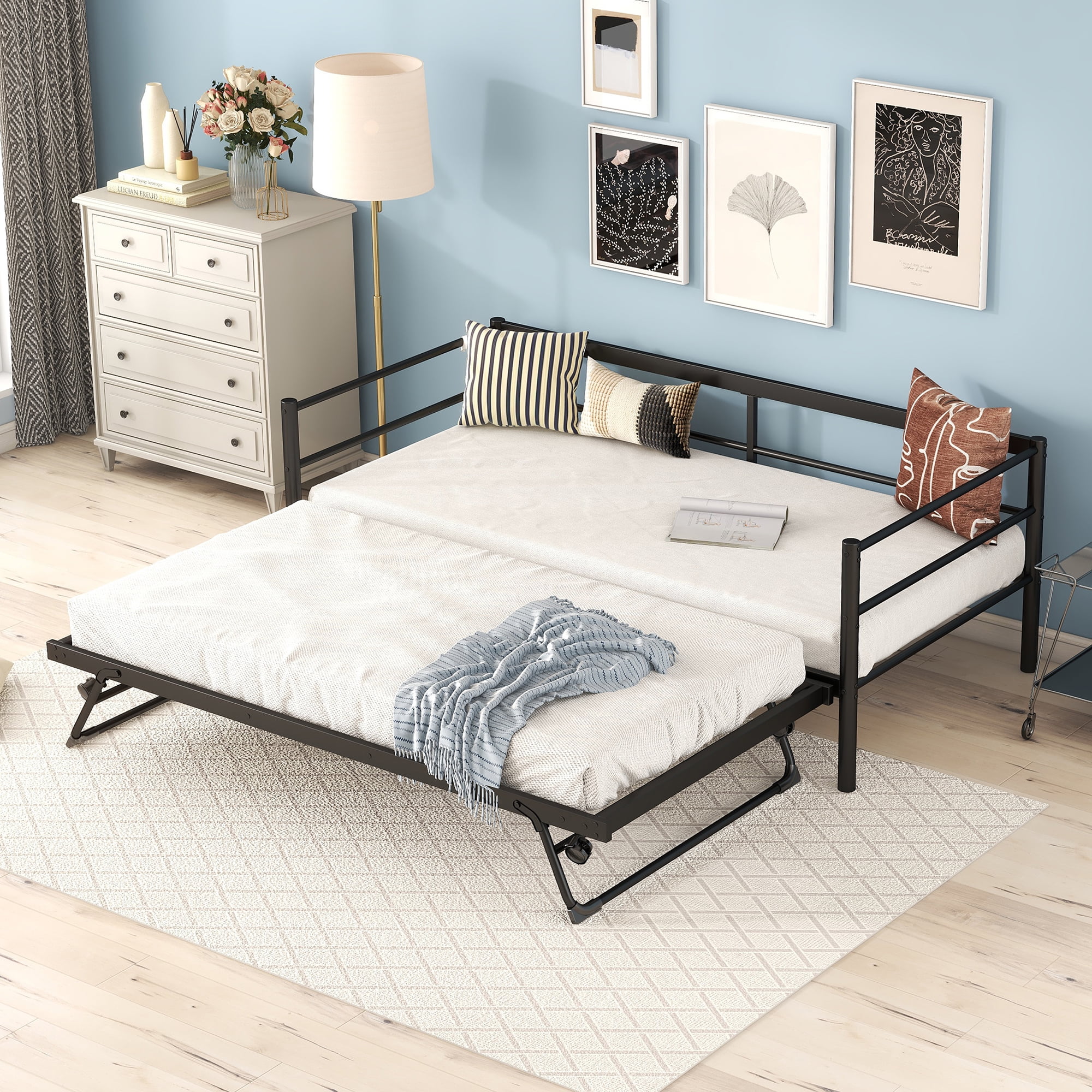 Euroco Metal Twin Size Platform Bed, Convertible Daybed with Trundle Bed, Pop Up Trundle for Guests and Extra Storage, Black