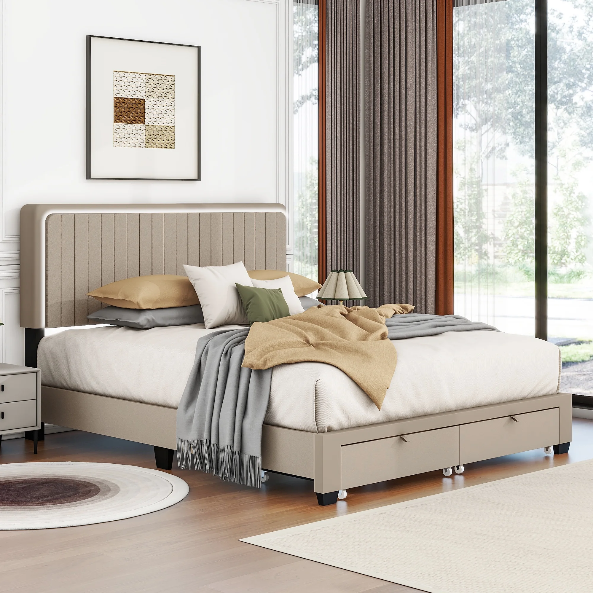 Queen Bed Frame with Adjustable LED Headboard - Linen Upholstered Platform Bed with Footboard Drawers, No Box Spring Required-Beige