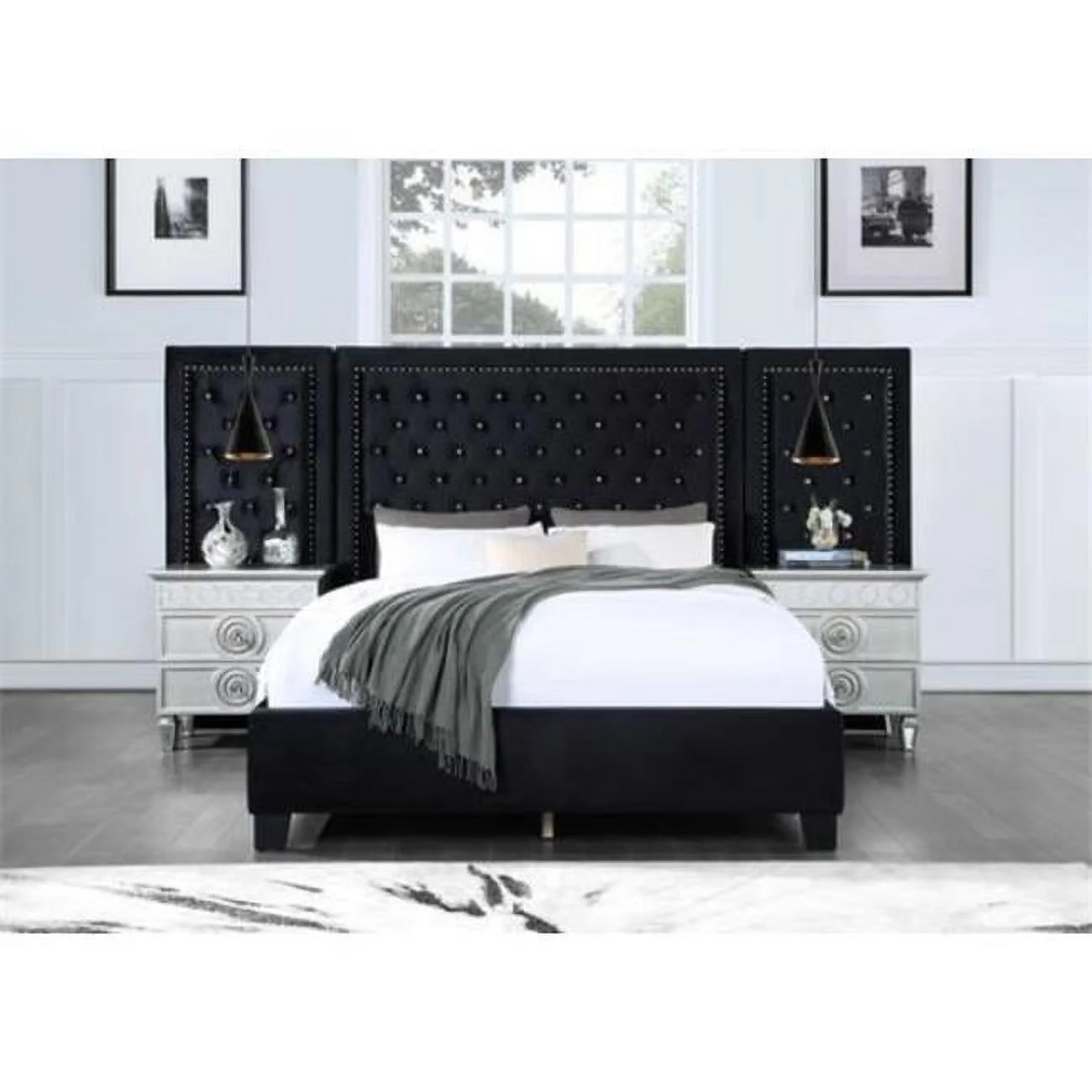 86 x 134 x 61 in. Damazy Eastern Bed, Black Velvet - King Size