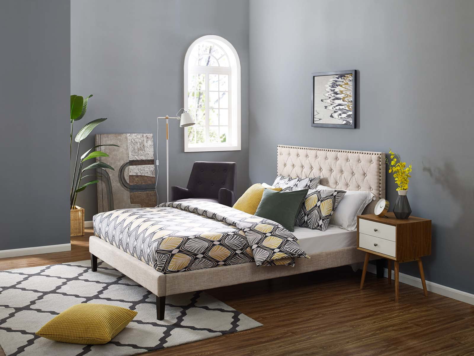 Contemporary Modern Urban Designer Bedroom Twin Size Tufted Headboard, Fabric, Beige