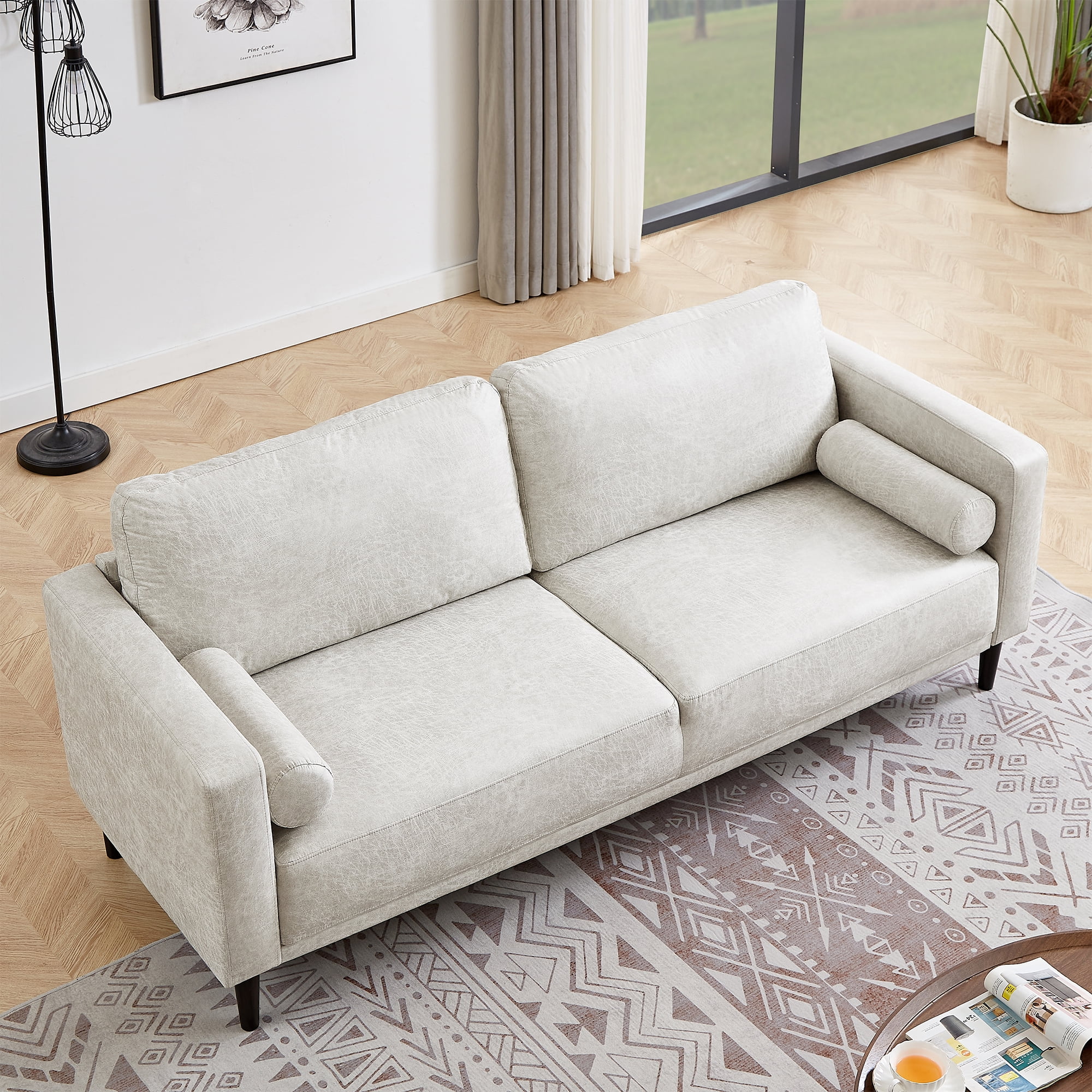 Homfa 3 Seat Sofa, 78.9'' Modern Large Upholstered PU Couch with Square Arm, White