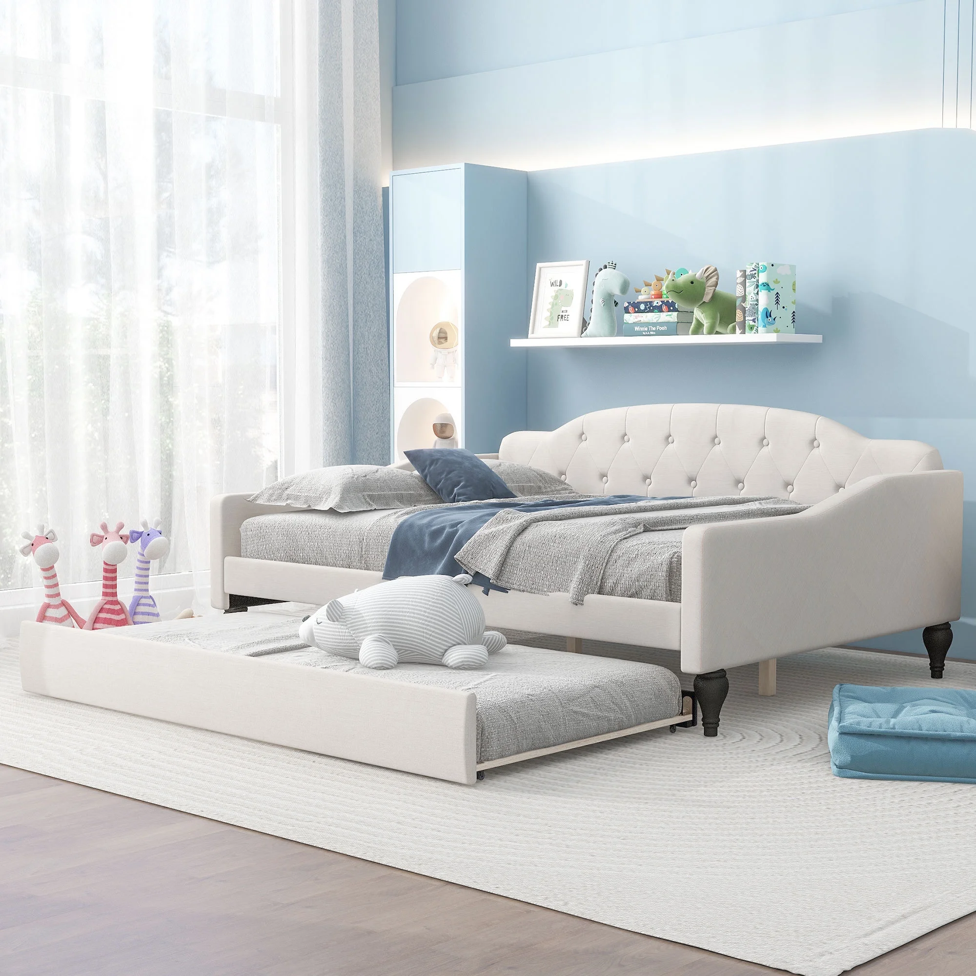 Full Size Upholstered Tufted Daybed Bed with Twin Size Trundle, Beige