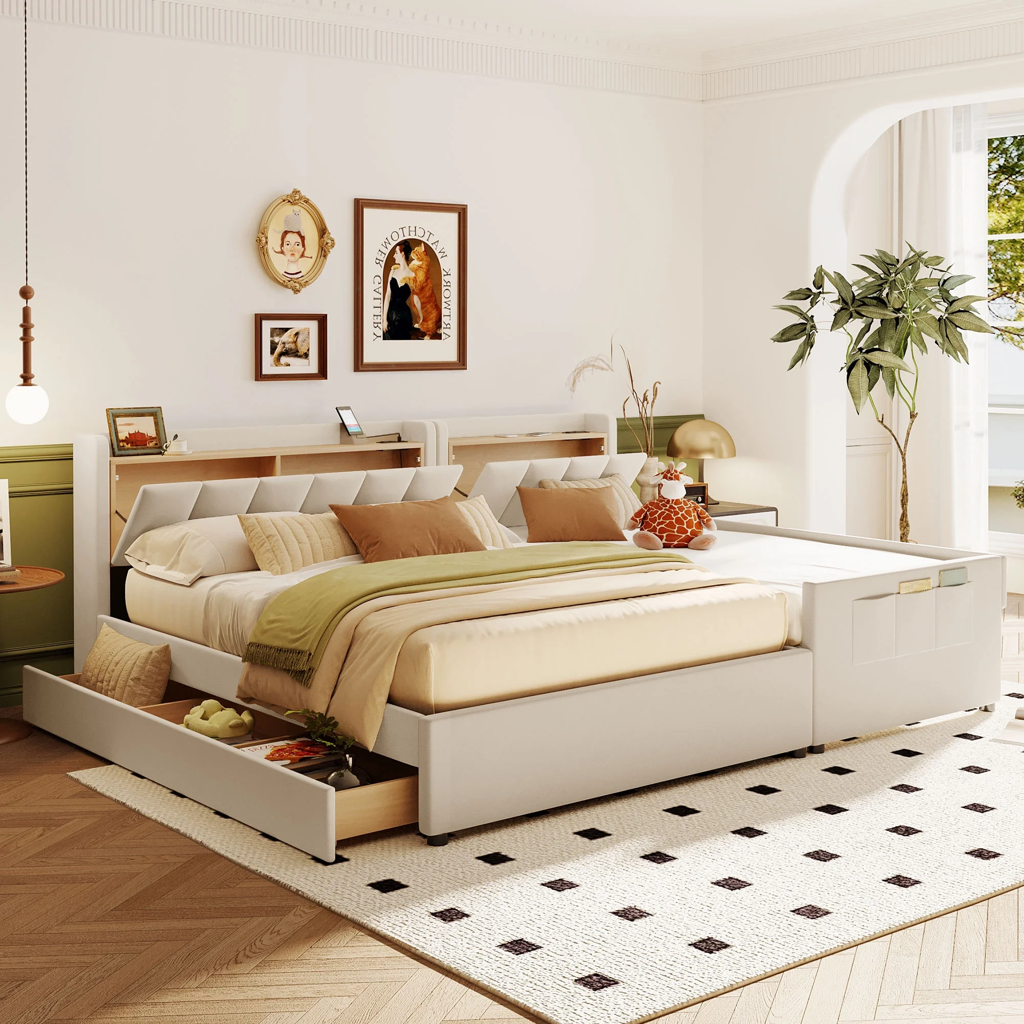 Queen & Twin XL Beige PU Leather Platform Bed with Hydraulic Storage, USB Ports & Shelf