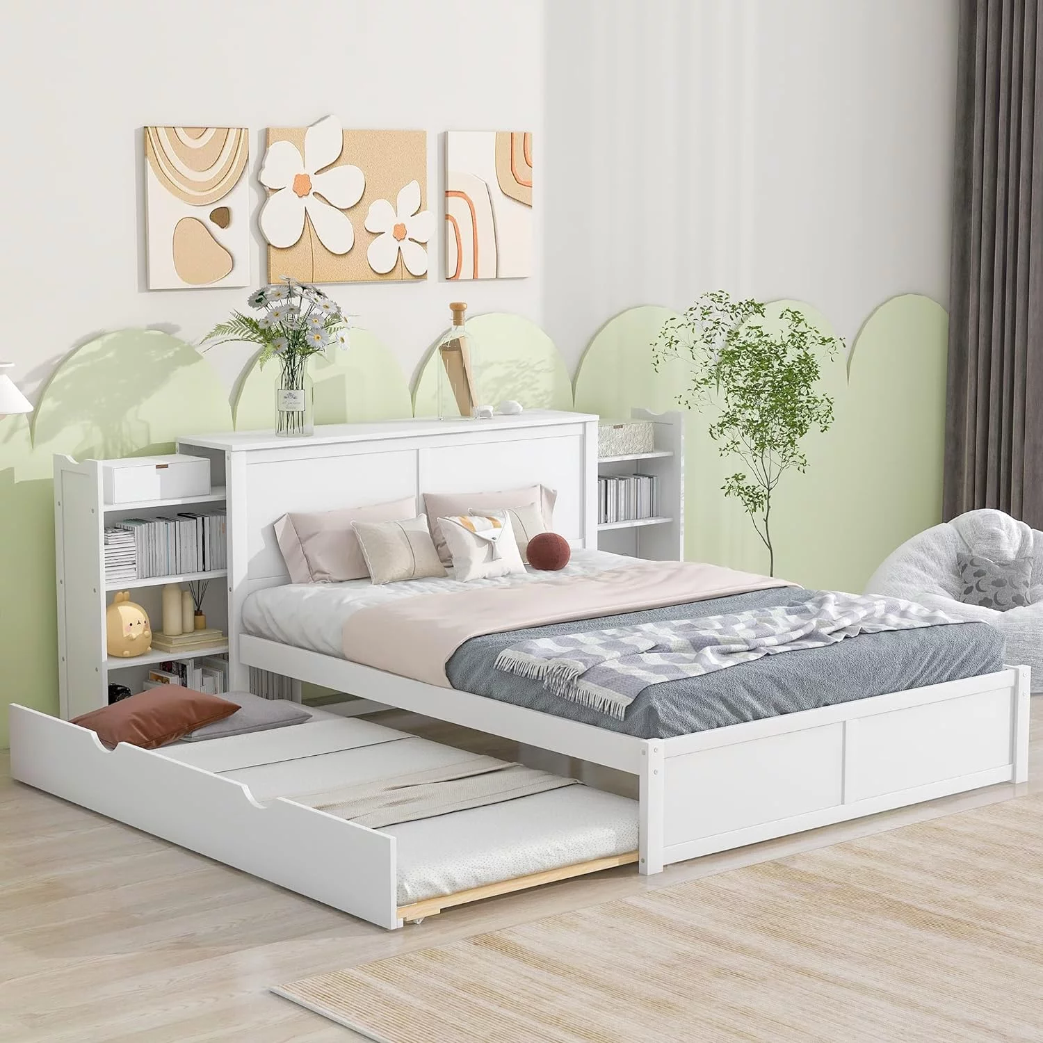 Queen Size Platform Bed With Pull Out Shelves And Size Trundle, Wooden Bed Frame With Hidden Storage Headboard, No Spring Box Needed, White