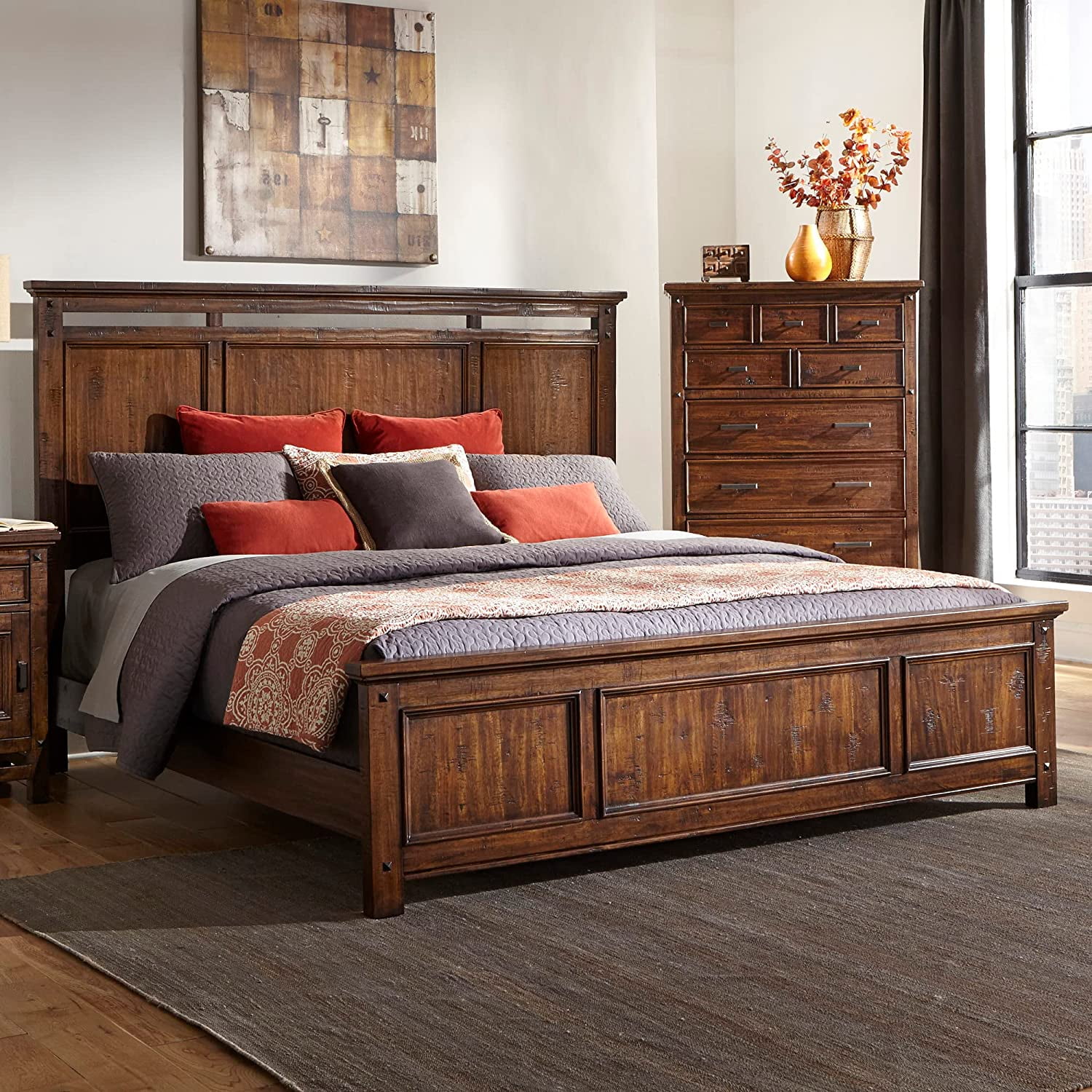 Wolf Creek Panel Bed with Headboard and Footboard Rustic Vintage Acacia King Platform Brown
