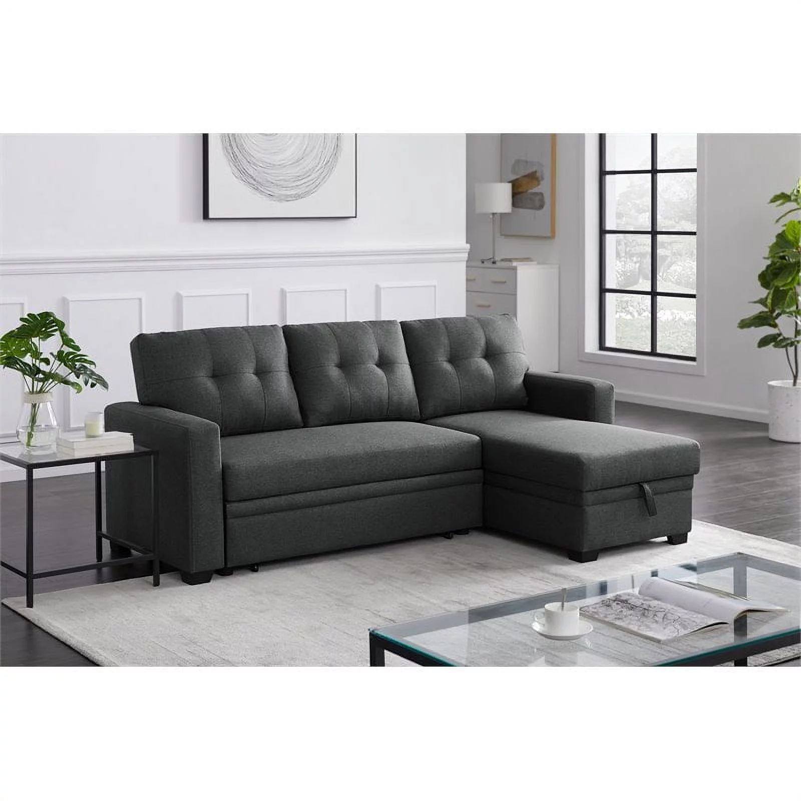 Devion Furniture Polyester Fabric Reversible Sleeper Sectional Sofa in Dark Gray