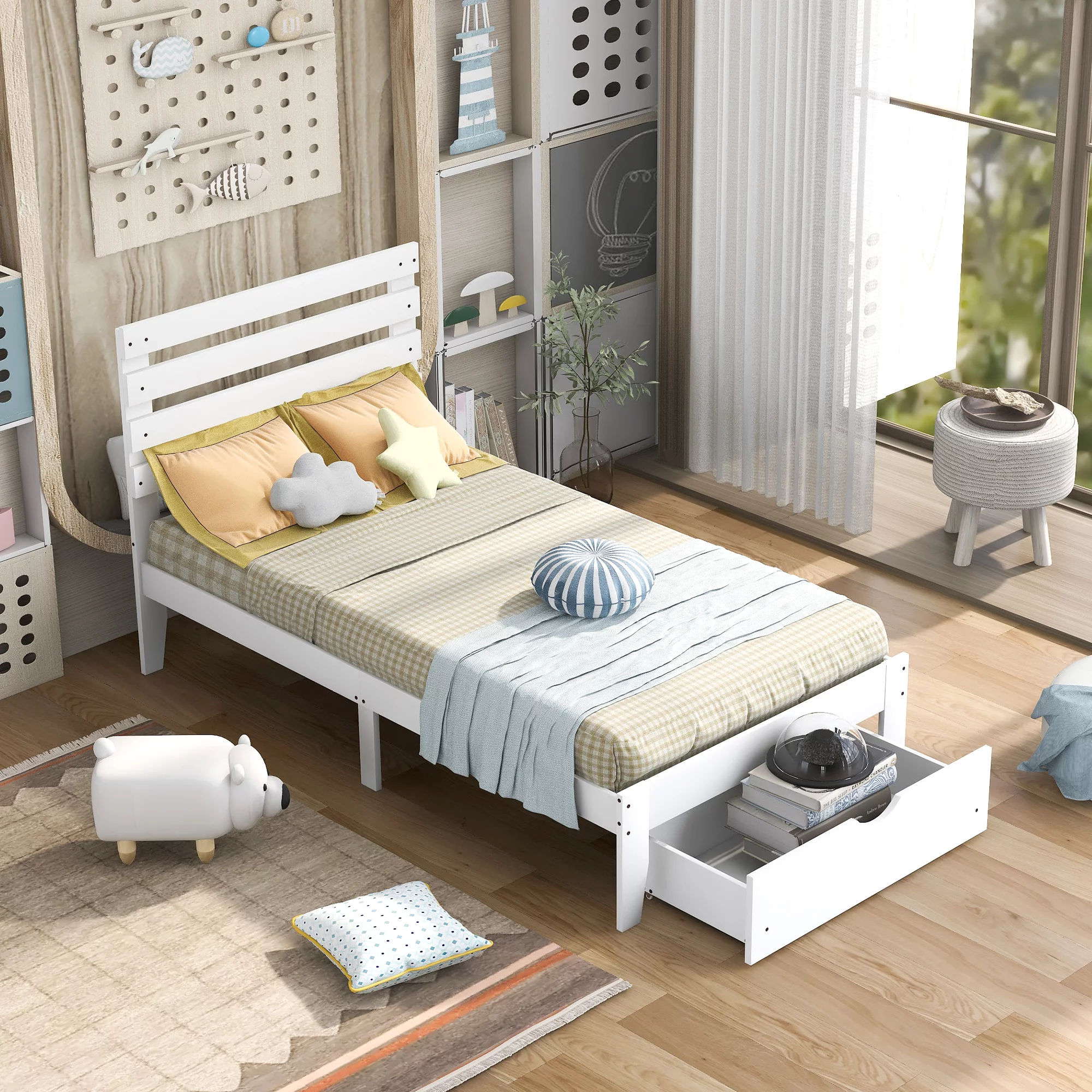 Twin Size Platform Bed with Drawer, White(New SKU:WF288467AAK)