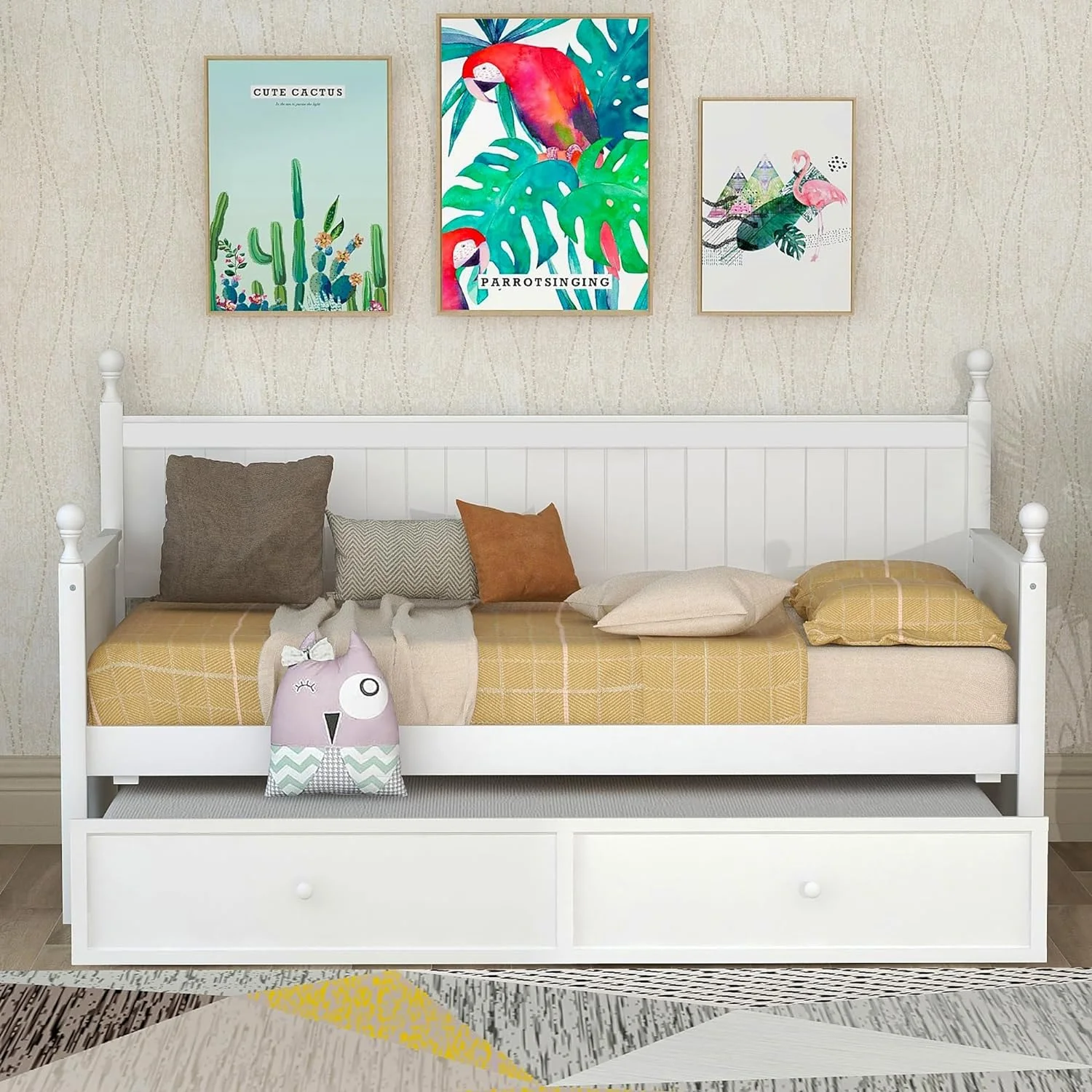 Size Daybed With Trundle, Wood Trundle Daybed Frame, Dual-Use Daybed Sofa Bed For Living Room,Guest Room,Children Room, No Box Spring Needed,White