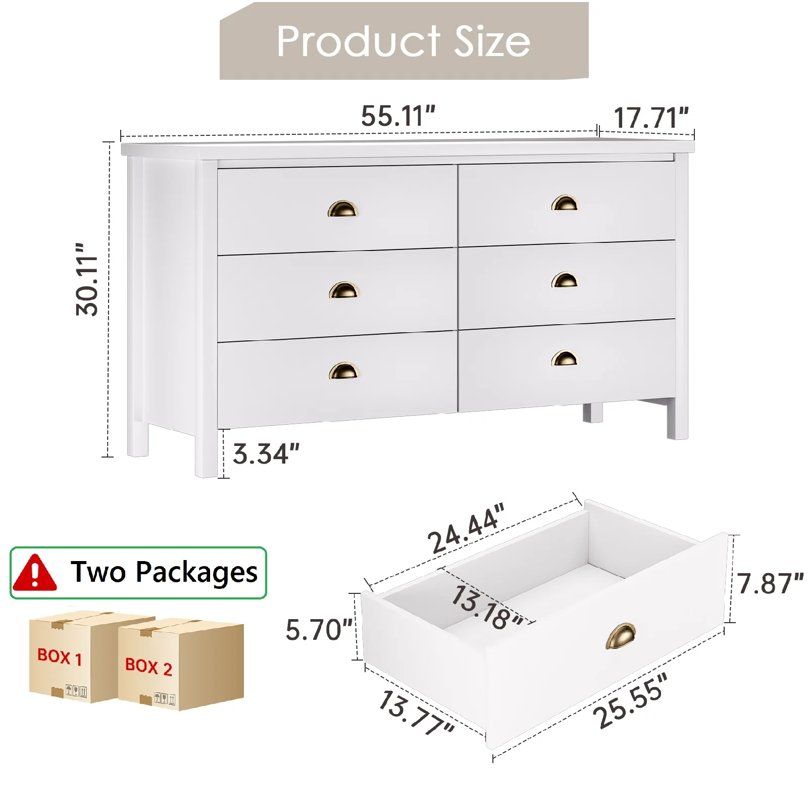 Nathaniel Home 6 Drawer Double Dresser with Legs, Modern Chest of Drawers, Large Capacity Storage Cabinet for Bedroom, Rustic Dresser for Hallway White