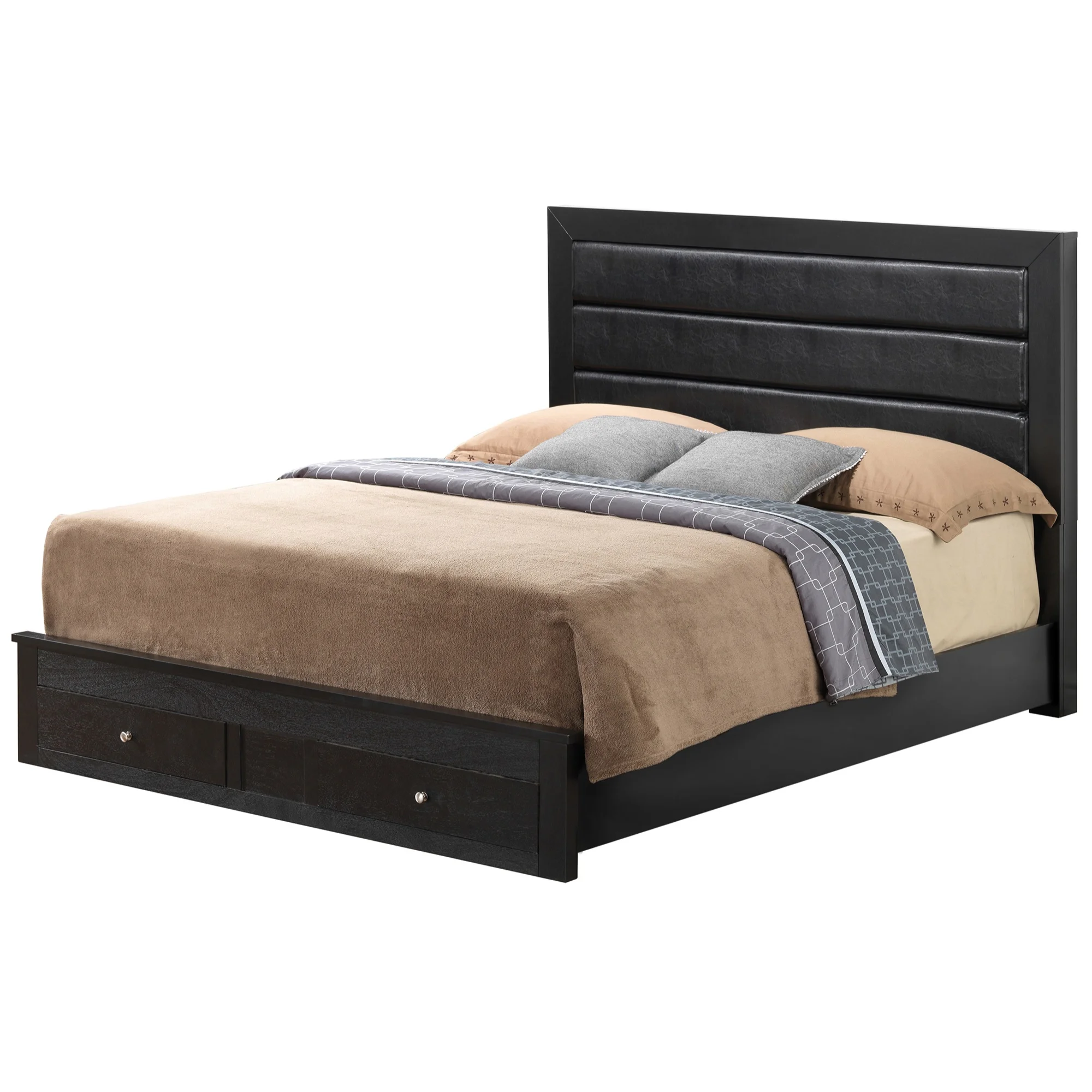 Passion Furniture Burlington Upholstered Panel Bed with Two Storage Drawers, Black - Queen Size