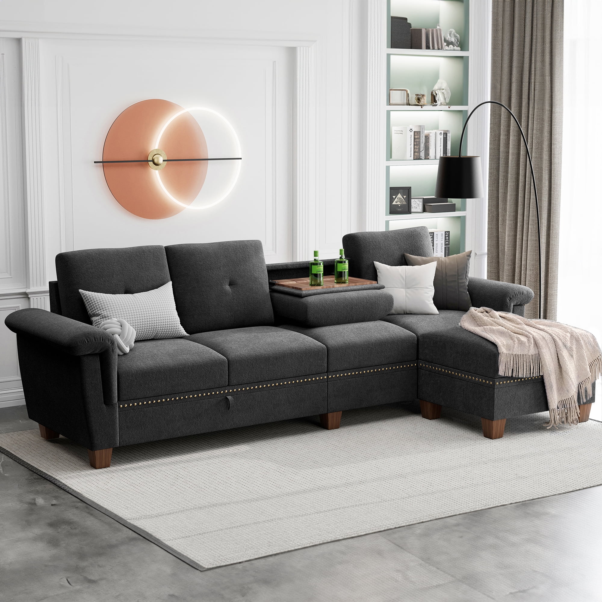 Walsunny Convertible Sectional Sofa L Shaped Couch with Storage Chaise, 4-Seater Reversible Sectional Couch with Cup Holders Black