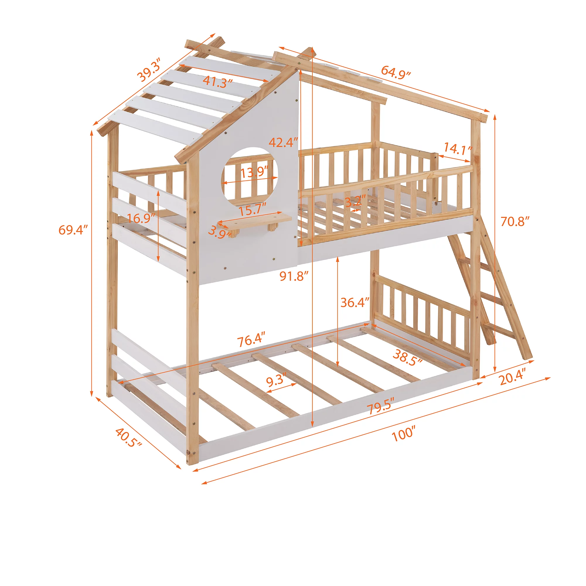 Natural Twin Over Twin Wood Bunk Bed with Roof, Window, Ladder
