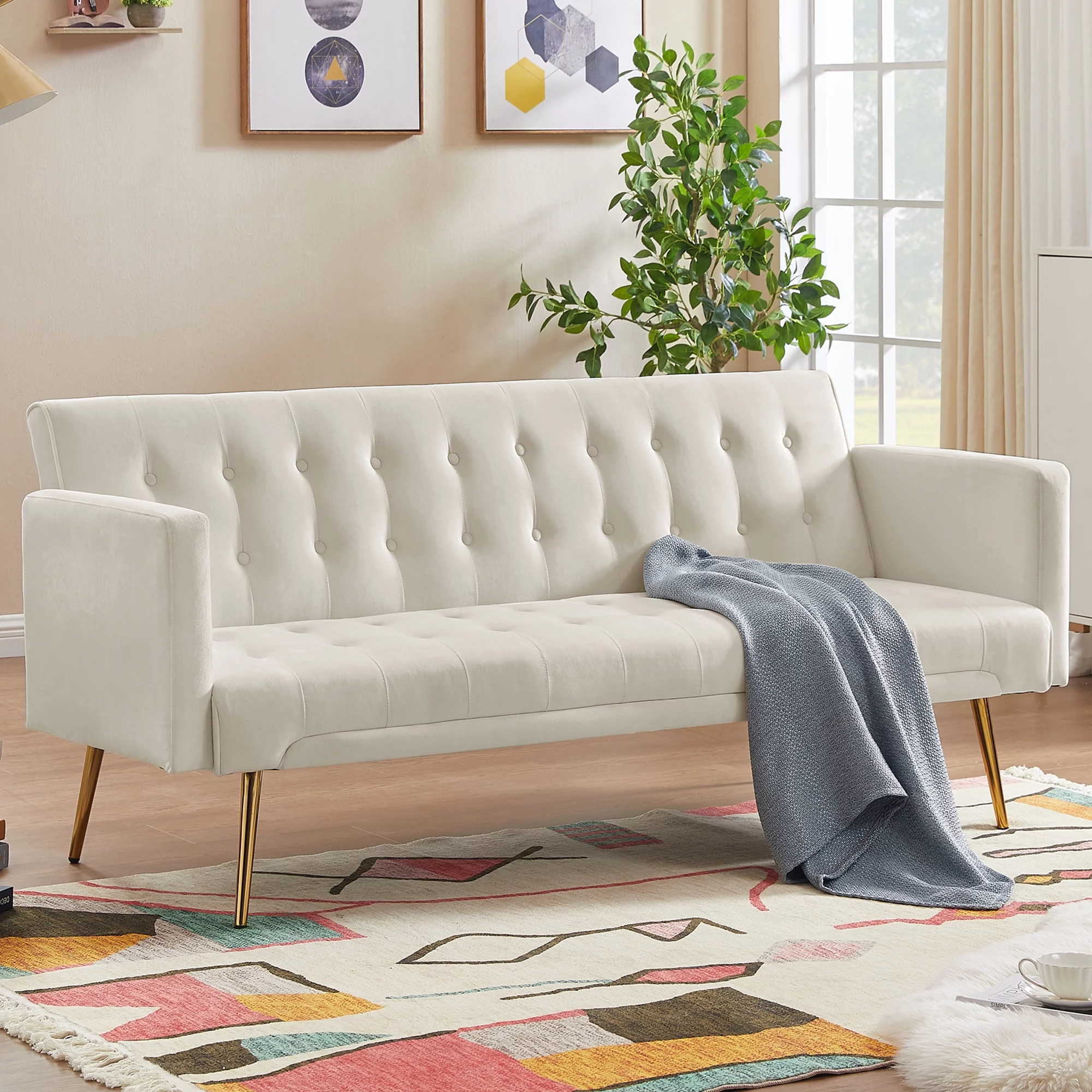 SYNGAR Couches for Living Room, Velvet Upholstered Convertible Sofa Bed with Armrests, Metal Legs, Adjustable Backrest, Mid Century Futon Sofa and Couch for Home Apartment Living Room, Beige