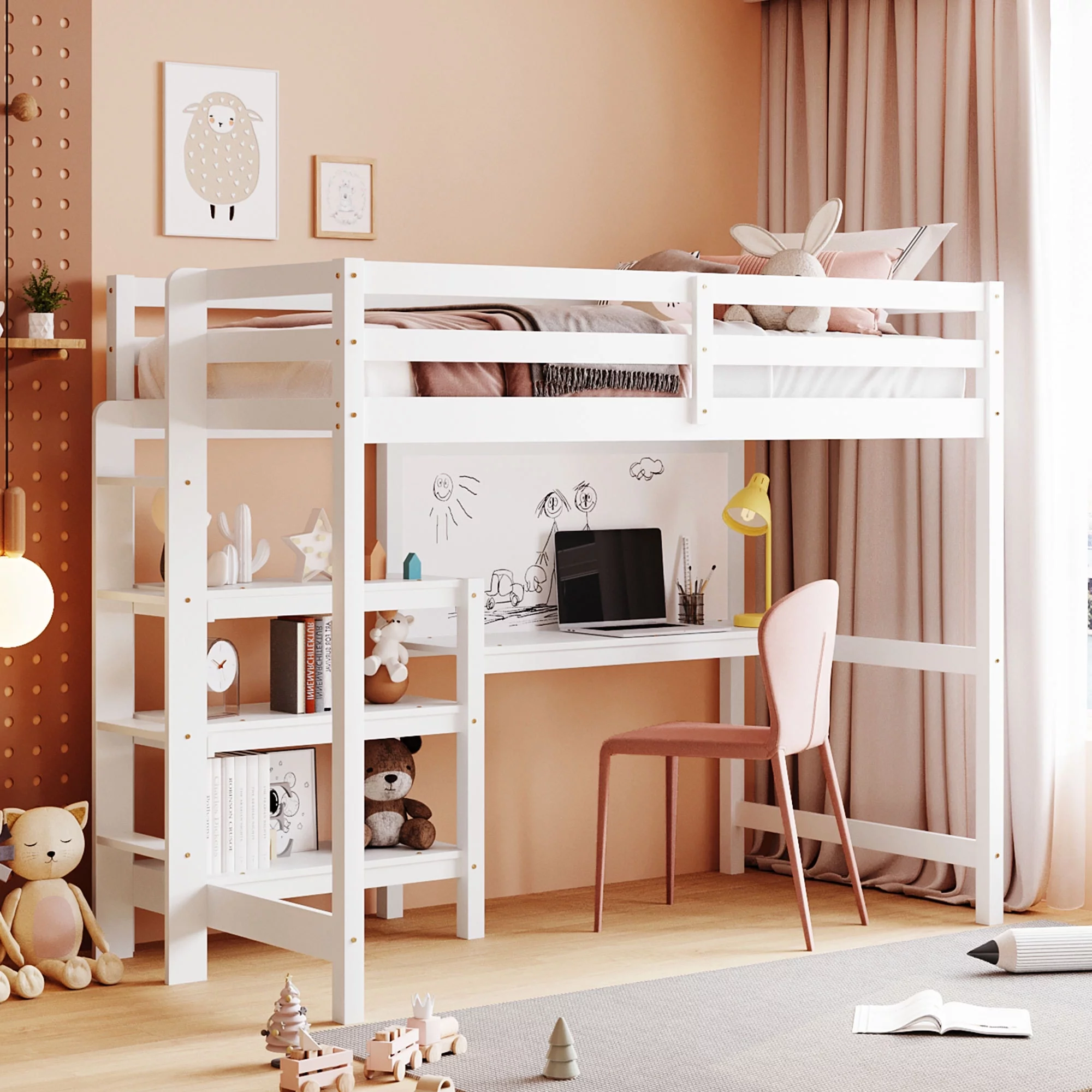 Wood Loft Bed with Desk : Twin Size Loft Bed with 3-tier Shelves and Under Bed Desk Solid Wood Bed, White