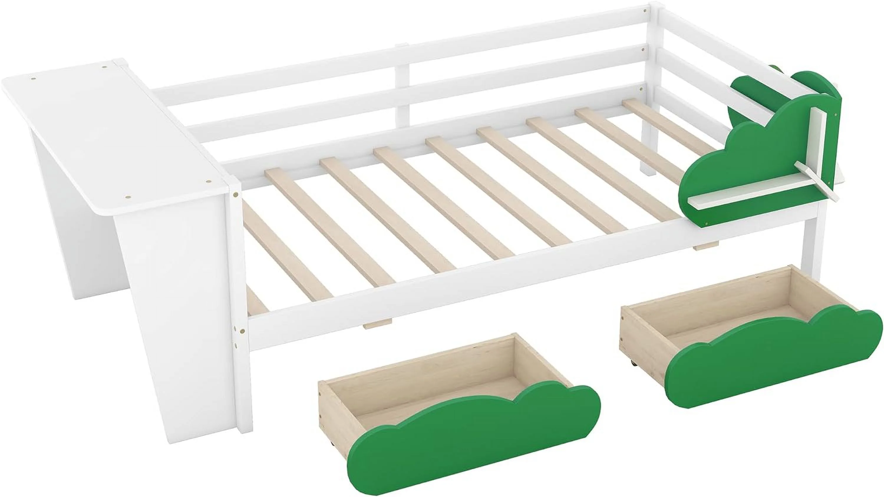 Twin Size Daybed with Desk, Green Leaf Shape Drawers and Shelves