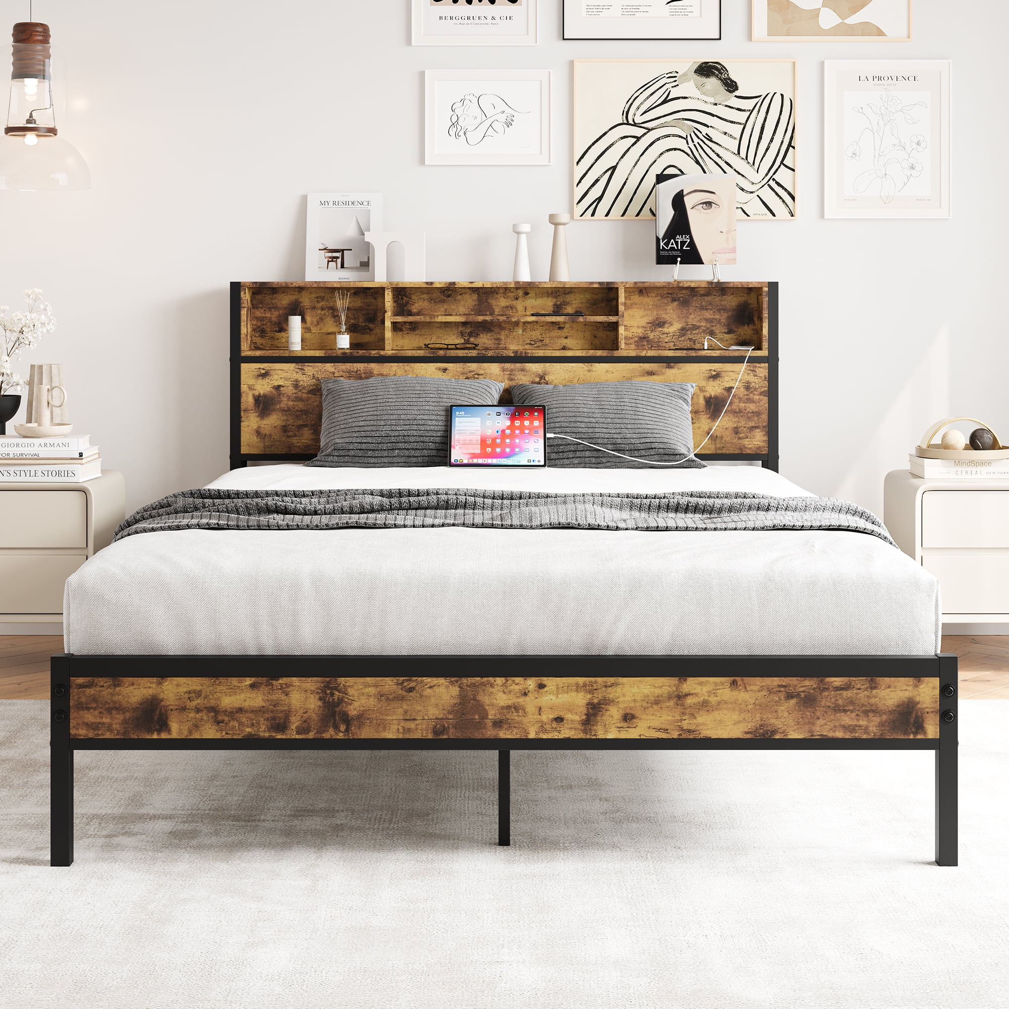 HENGMEI Black Metal Platform Queen Bed Frame with Headboard Storage, Bookcase, Will Keep Your Bedroom Clutter-Free