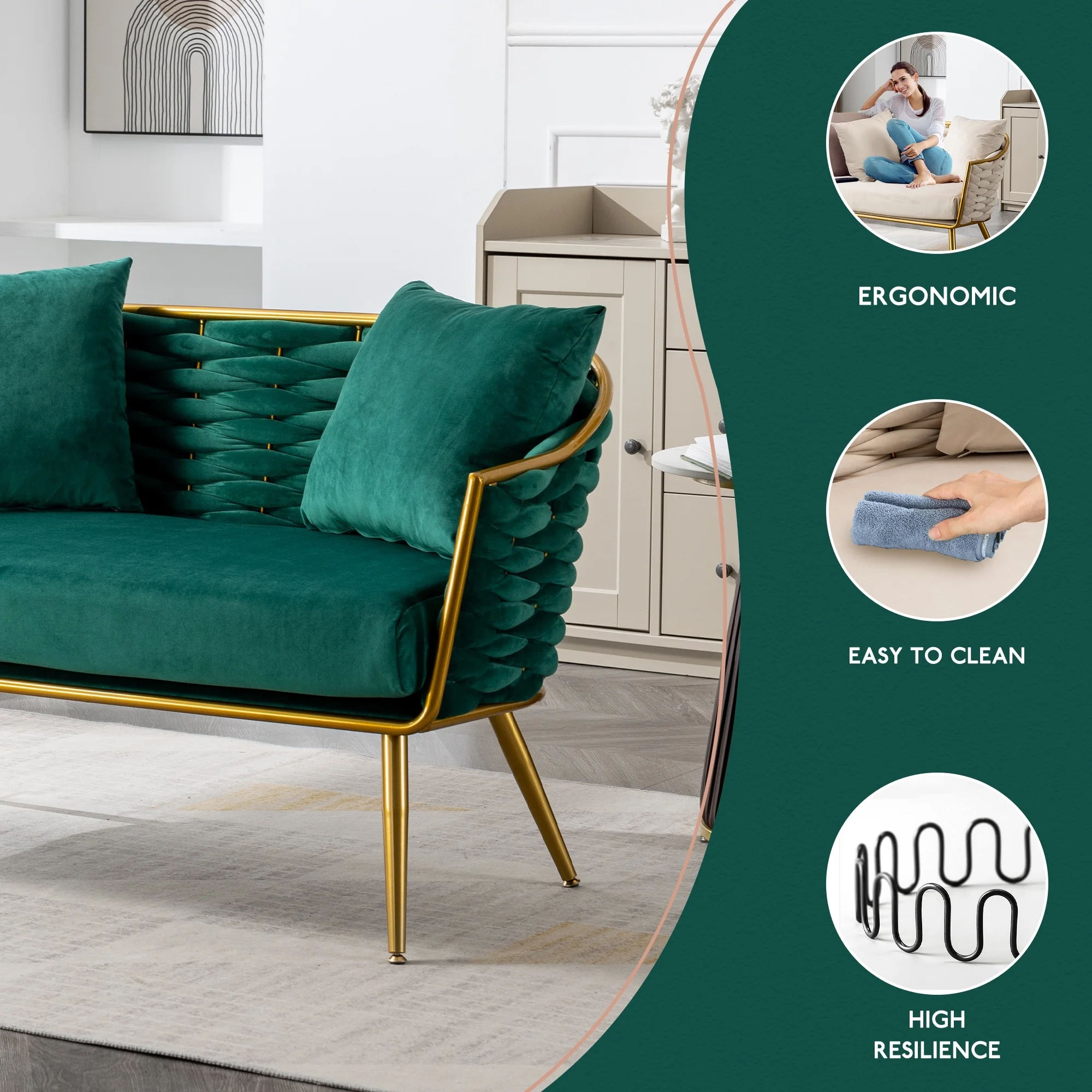 Velvet Accent Chair Modern Upholstered Armsofa Tufted Sofa with Metal Frame, Single Leisure sofa for Living Room Emerald