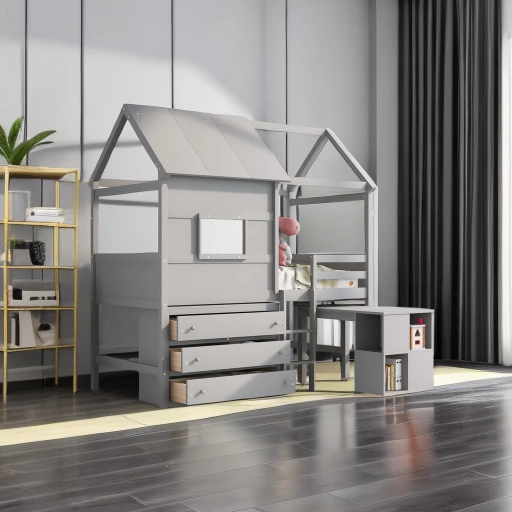 Twin Size House Loft Bed Frame for Boys Girls Kids Adults Toddler with Storage Desk and 3 Drawer Chest
