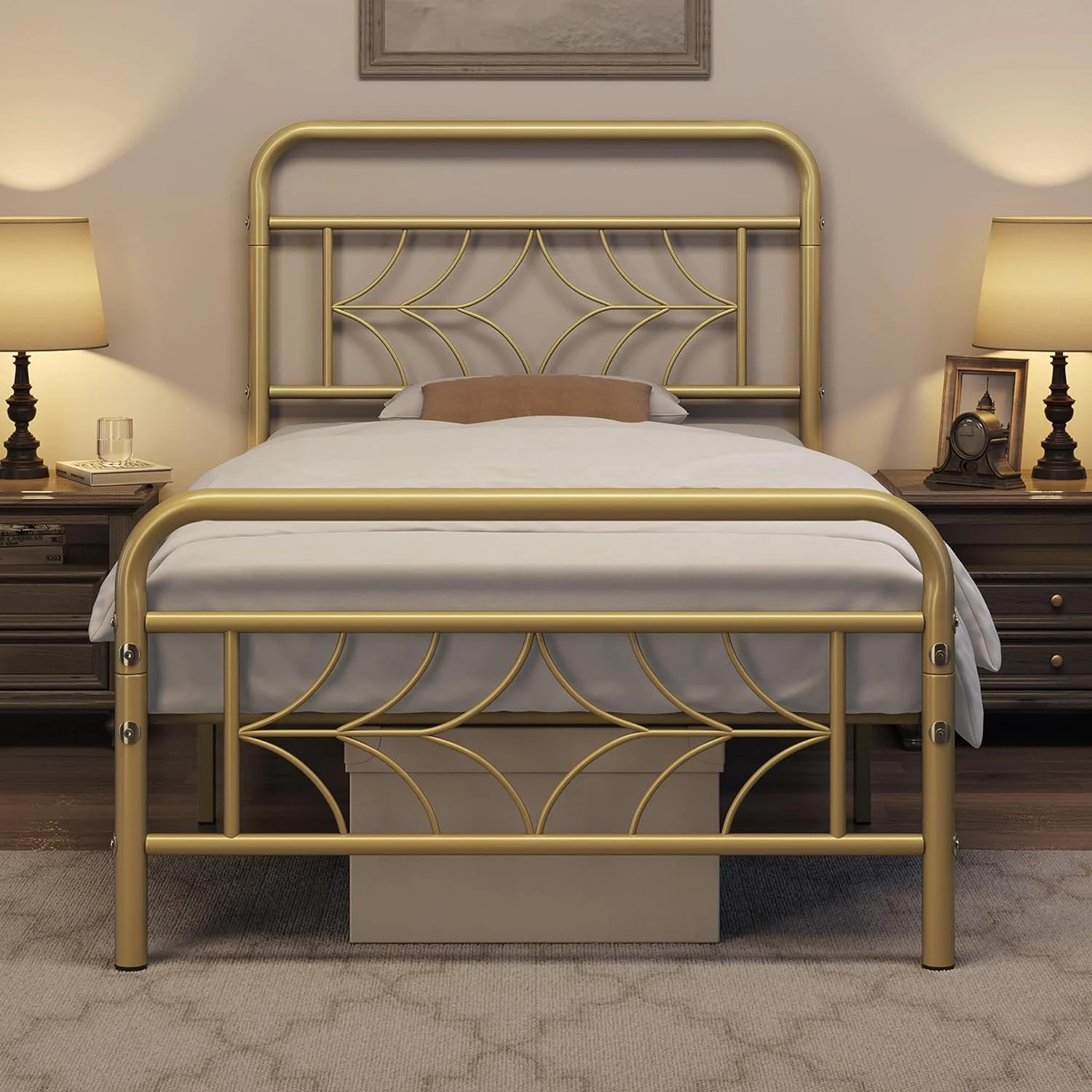 Twin XL Metal Platform Bed with with Sparkling Star-Inspired Design Headboard,Matress Foundation,No Box Spring Needed,Antique Gold