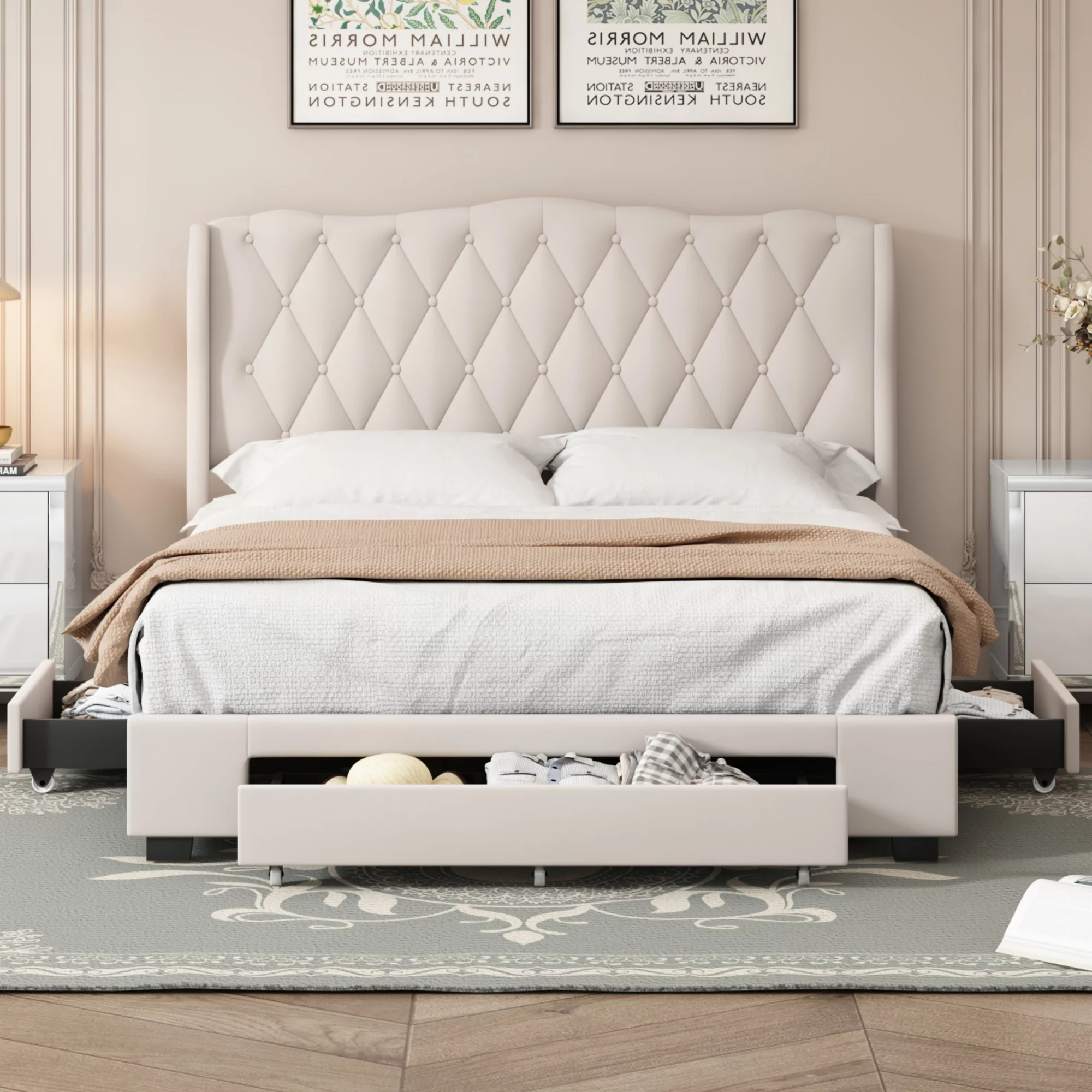 CoSoTower Upholstered Platform Bed with Tufted Headboard and 3 Drawers, No Box Spring Needed, Velvet Fabric, Queen Size Beige