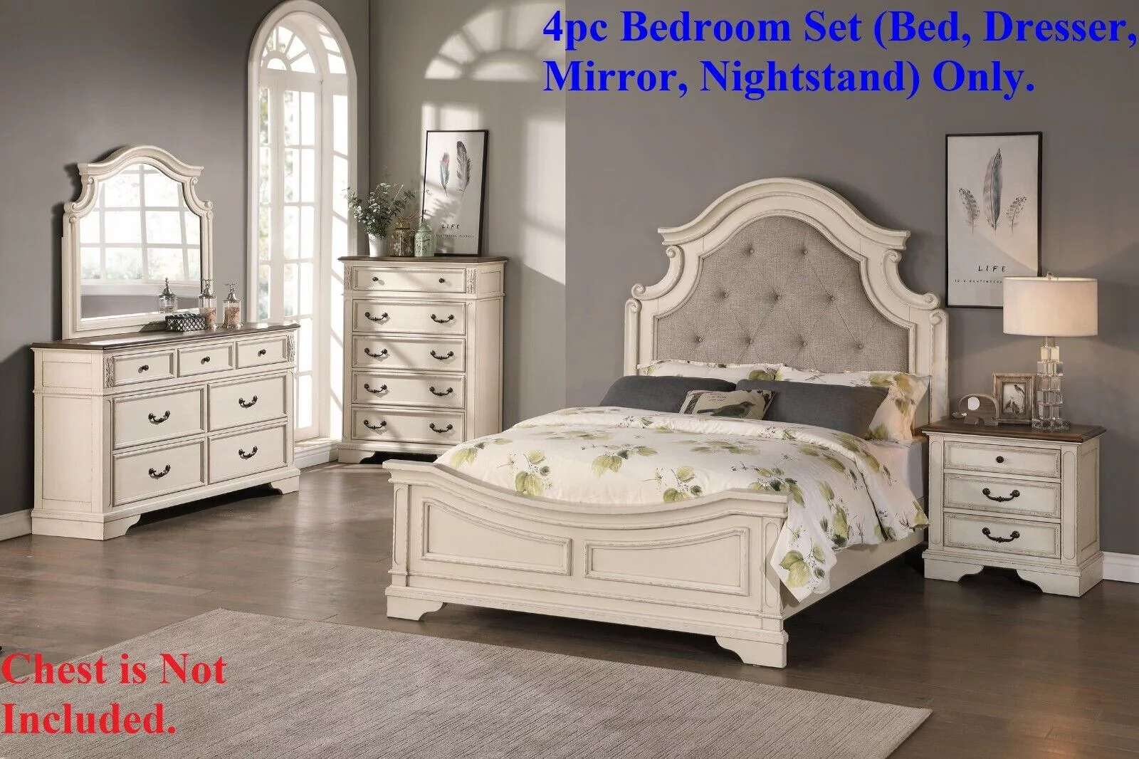 Contemporary Style White Creamy Finish 4pc Bedroom Queen Size Bed Set Dresser Mirror Nightstand Wooden Furniture