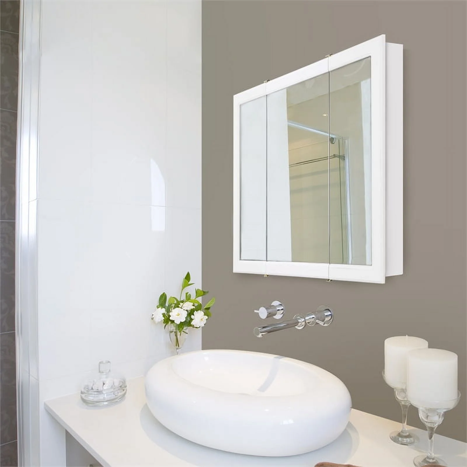 Square Concord Medicine Cabinet 30-Inch – Durable White Assembled Frame – Bathroom Wall Cabinet with Mirrored Doors – 5.25