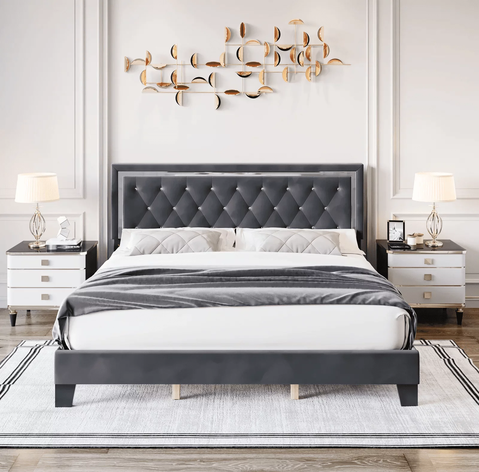 Homfa King Bed Frame for Bedroom, Modern Diamond Tufted Upholstered Platform Bed with Adjustable Headboard Support Legs, Gray