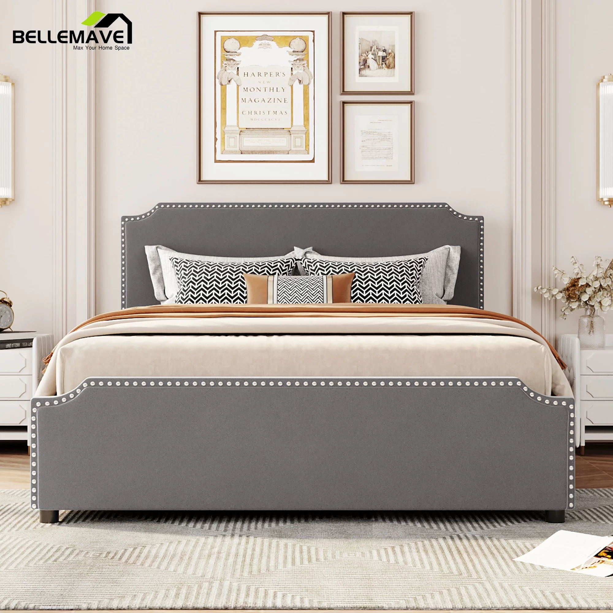 Bellemave Queen Size Velvet Upholstered Platform Bed with 4 Storage Drawers, Wood Bed Frame with Nailhead Trim Headboard for Bedroom, Guest Room (Gray)