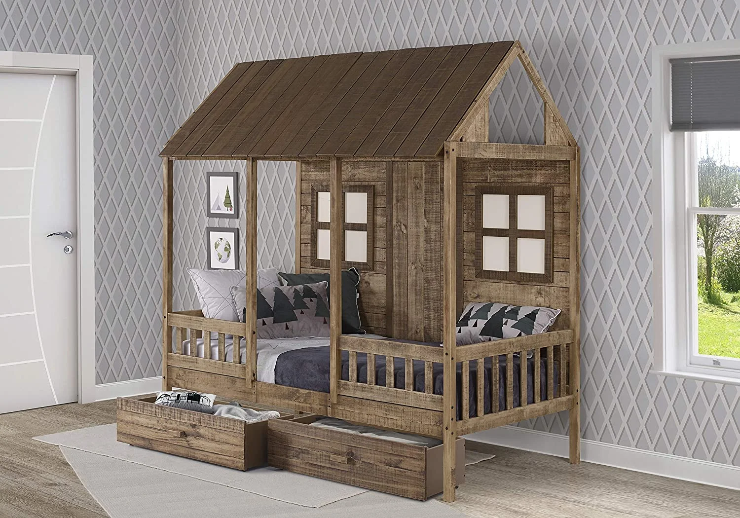 Twin Front Porch Low Loft In Rustic Driftwood Finish W/Dual Underbed Drawers