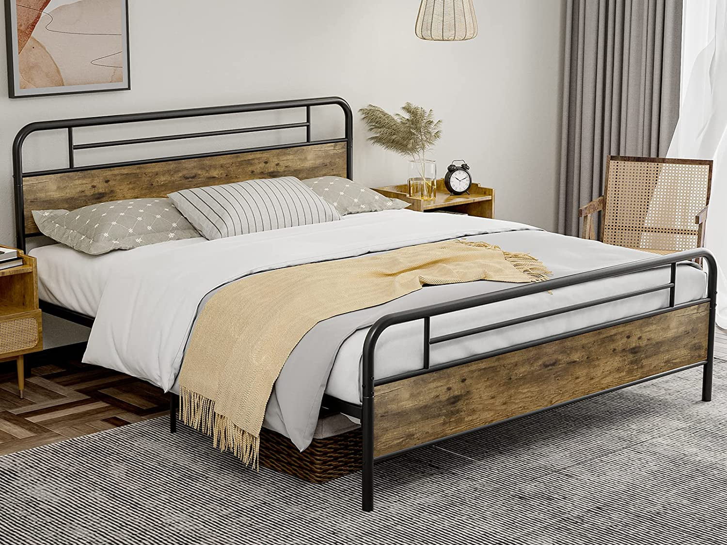 IKIFLY California King Size Metal Platform Bed Frame with Wood Headboard Footboard, Heavy Duty Steel Slats, 12