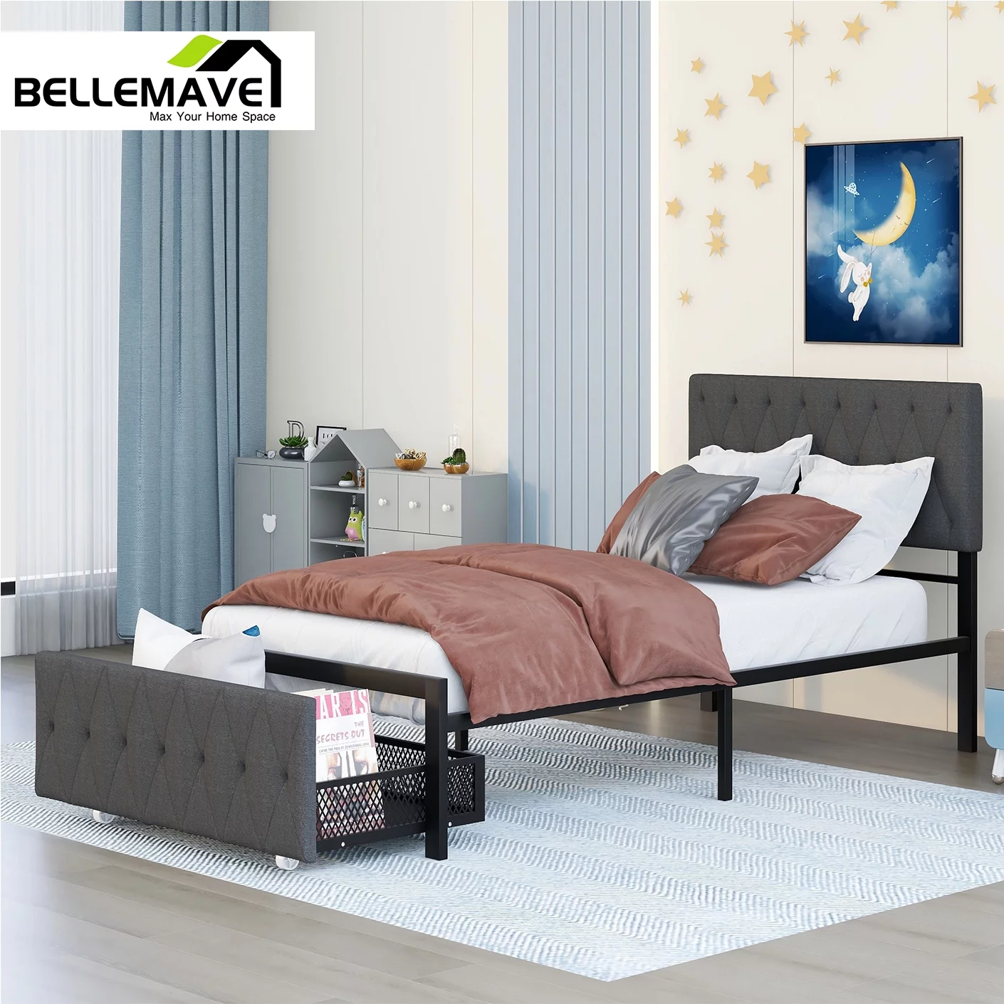 Bellemave Kids Metal Platform Bed Frame with Storage Drawer, Twin size Kids Platform Bed with Tufted Upholstered Headboard for boys and girls, Dark Gray