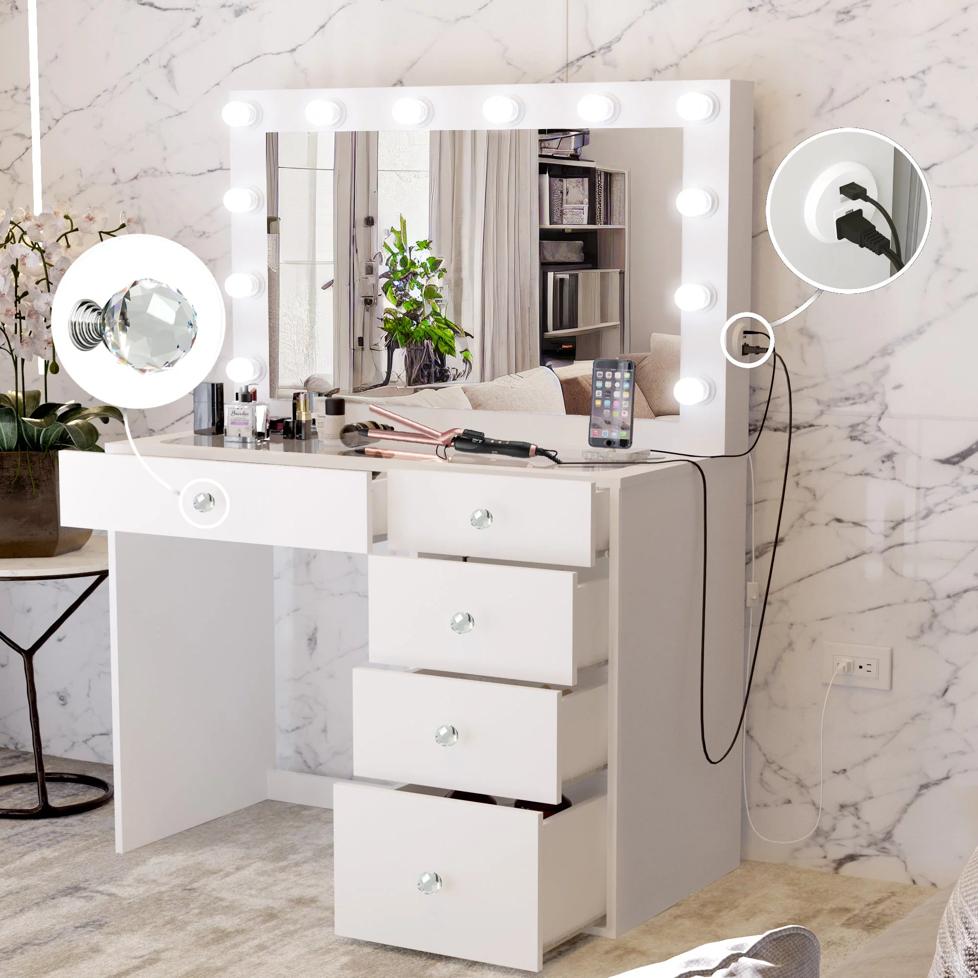 Boahaus Alana Black Vanity Desk with Mirror and Lights, Crystal Ball Knobs, 5 Drawers, White