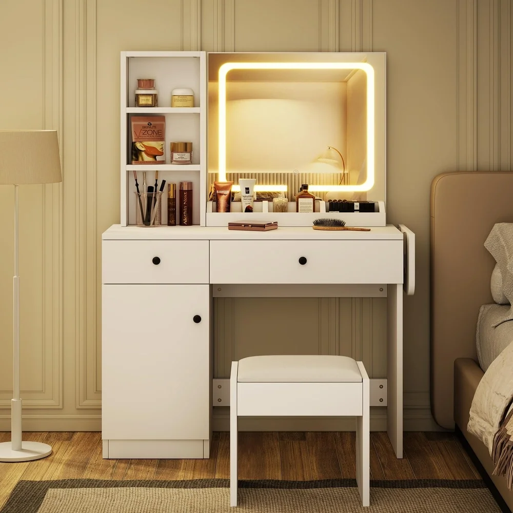 Towallmark LED Dresser Set, Mirror And Light, Adjustable 3 Color Lighting, Small Makeup Dresser, Drawer, Chair, Bedroom, Storage, Girl,White