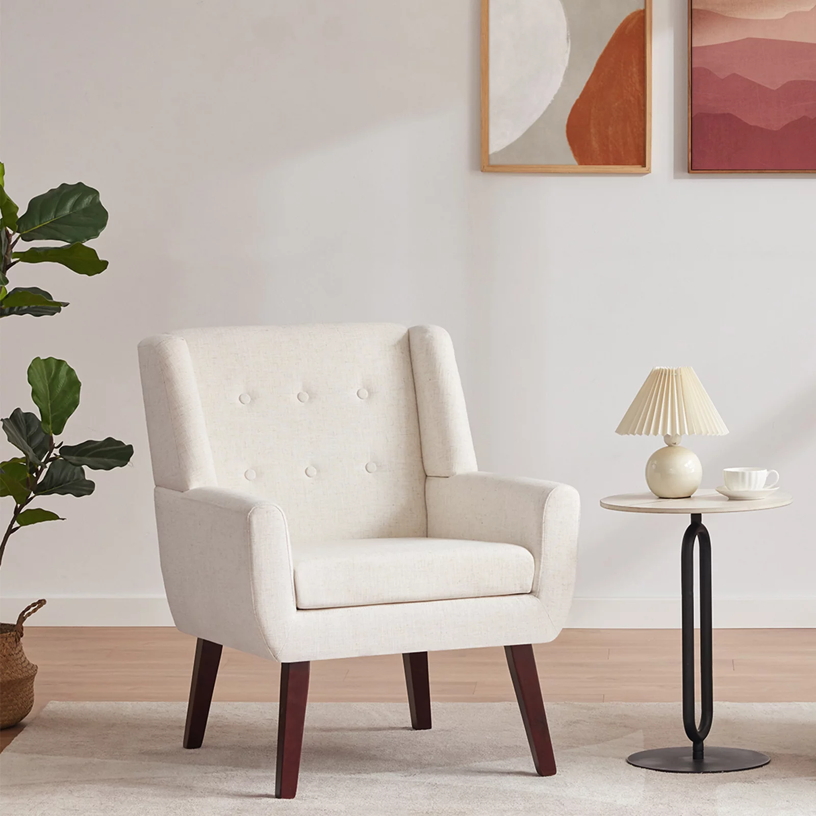 HUIMO Accent Chair, Button-Tufted Upholstered Living Room Chairs, Mid Century Modern Comfy Reading Chairs for Bedroom, Living Room, Beige