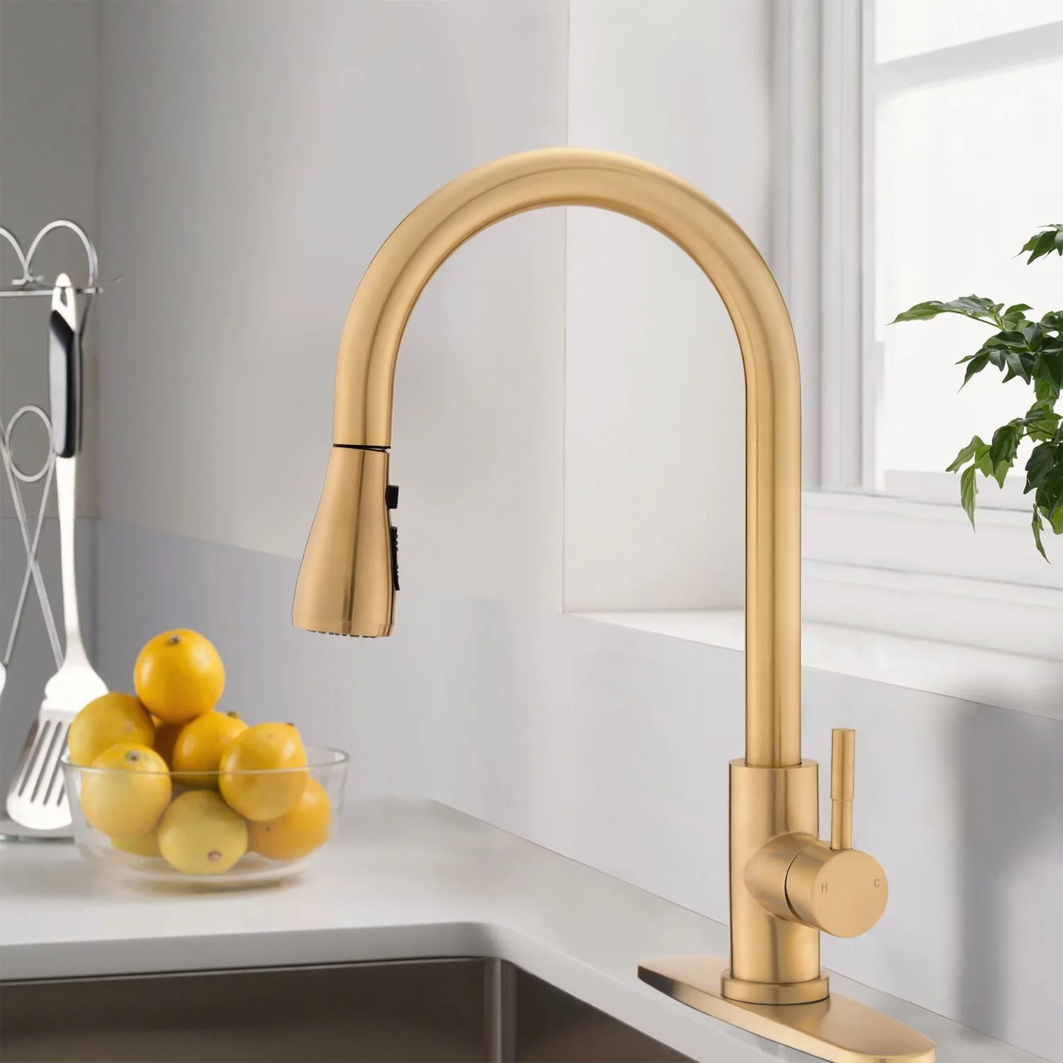 DORNBERG  SUS 304 Stainless Steel Kitchen Faucet with Pull Down Sprayer Brushed Gold Brushed