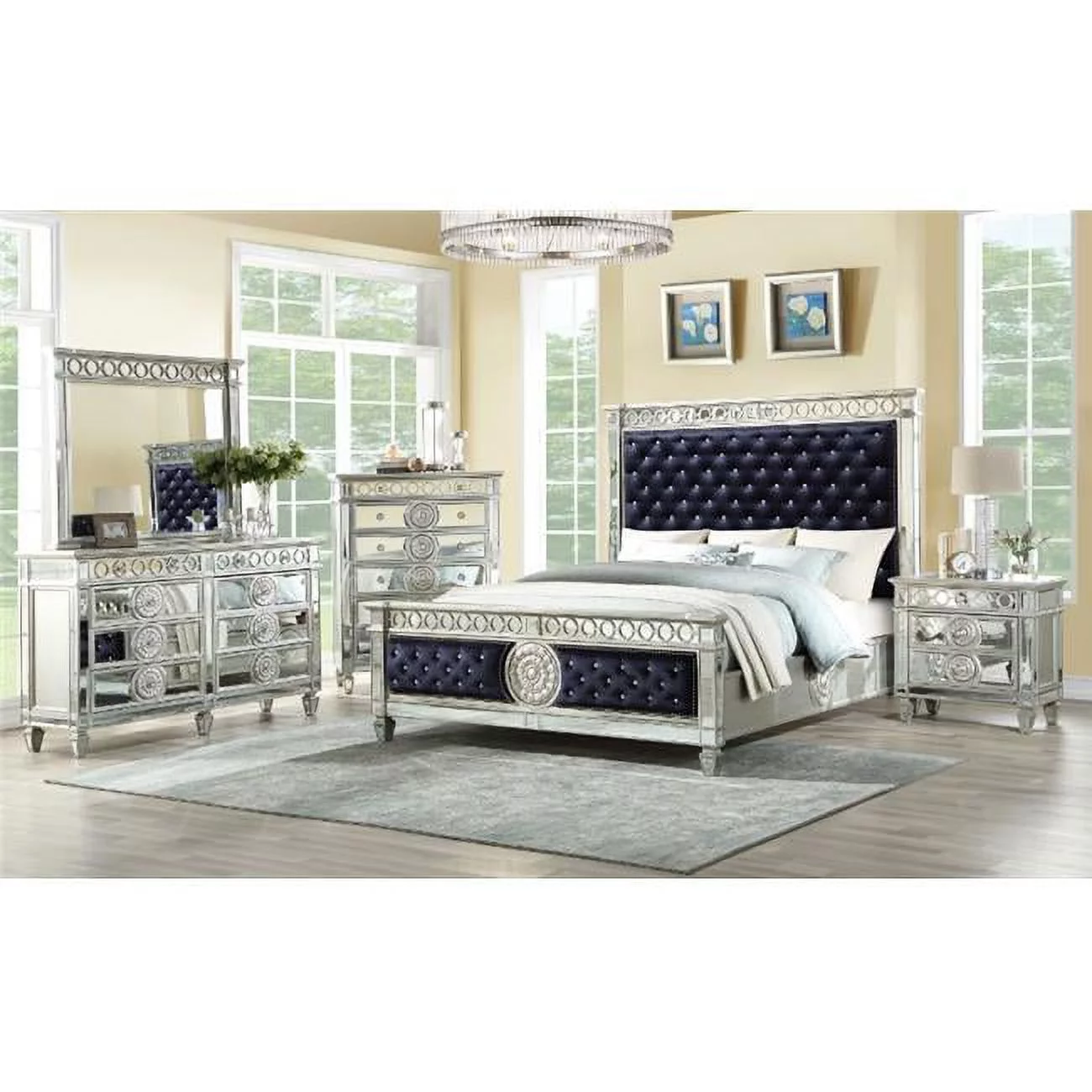 ACME Varian Tufted Upholstered Queen Bed in Black Velvet and Mirrored