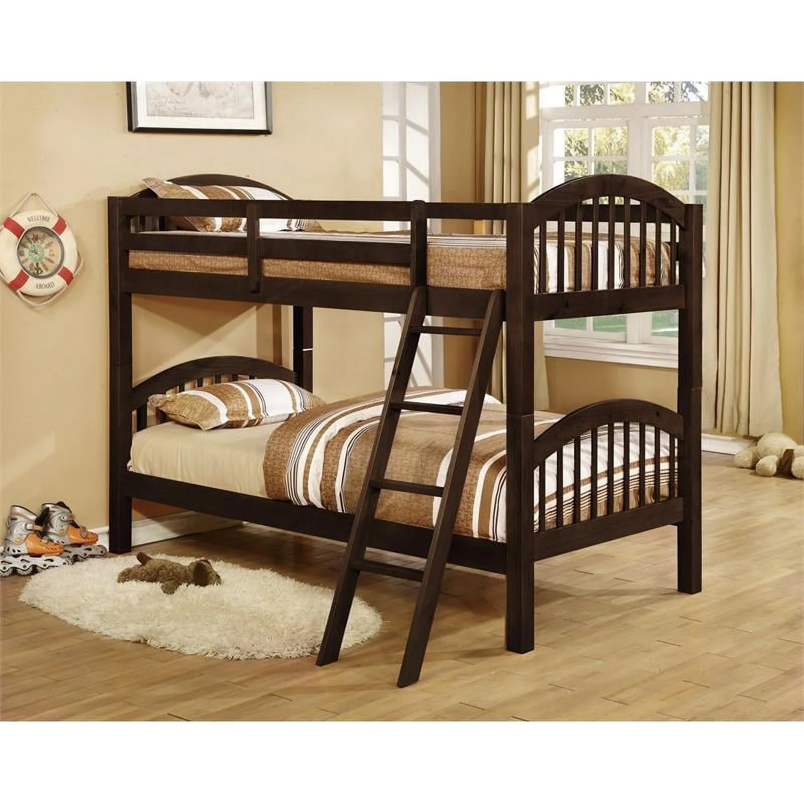 BEKids Traditional Solid Wood Twin/Twin Arched Bunk Bed in Java Brown