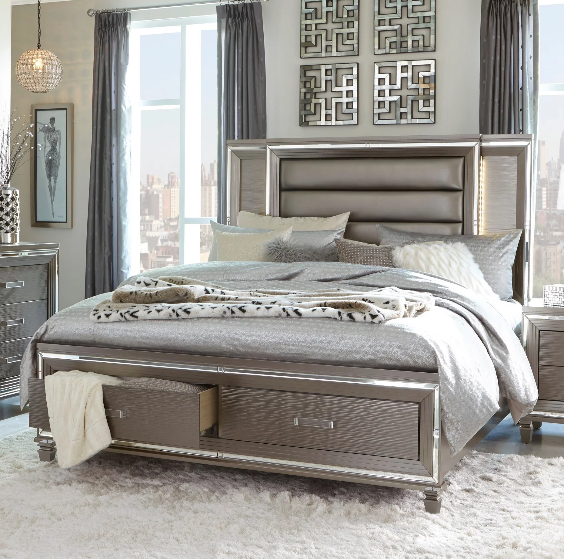 Glamorous Silver-Gray Finish Queen Size Platform Bed with Footboard Storage LED Headboard