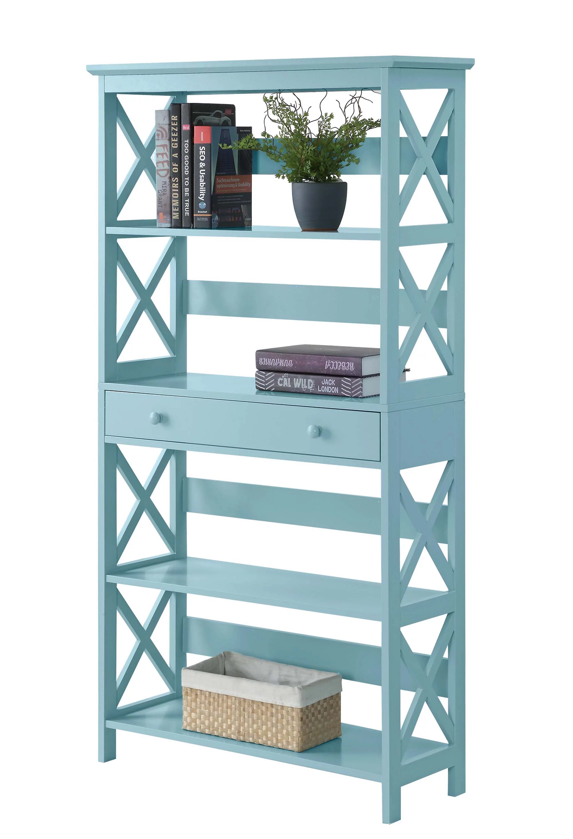 Convenience Concepts Oxford 4 Tier Standard Bookcase with 1 Drawer, Sea Foam Blue
