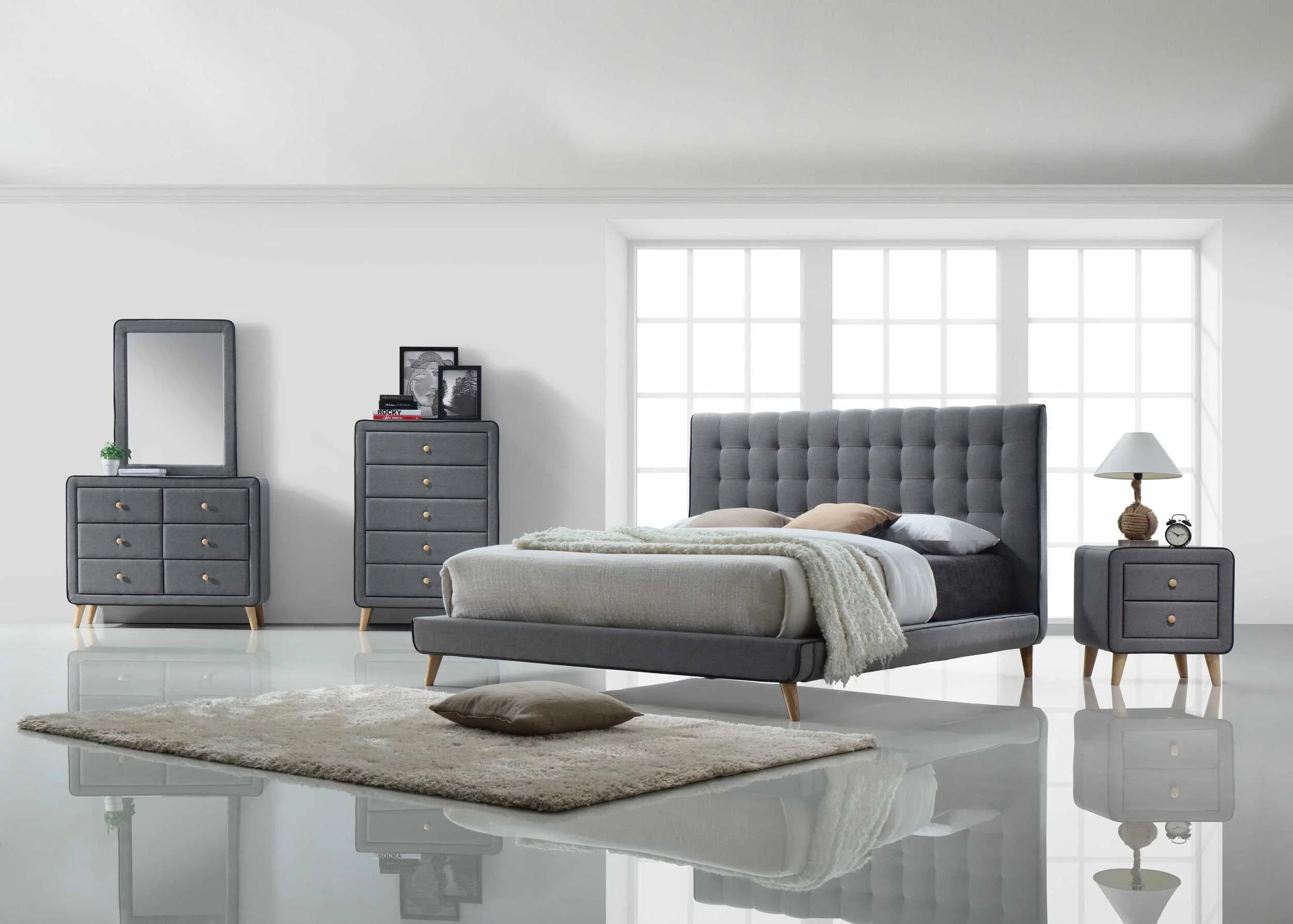 Light Gray Buttonless Tufted Fabric Queen Bed with Natural finish legs