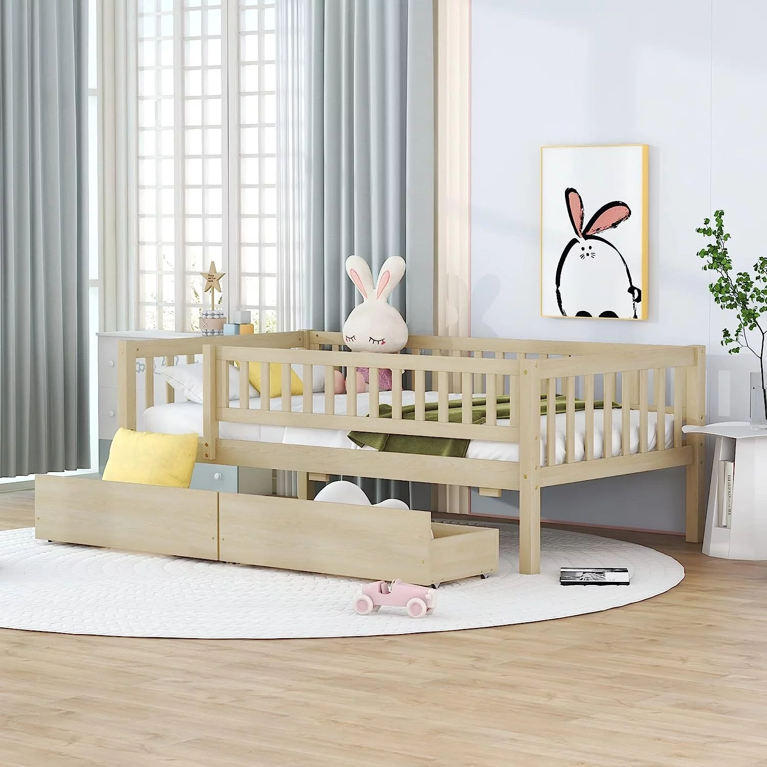 Daybed Wih wo Drawers, Wood Size Bed Frame Wih Fence Rails And Sorage,Monessori Bed For Kids Girls Boys,No Box Spring Needed,Naural