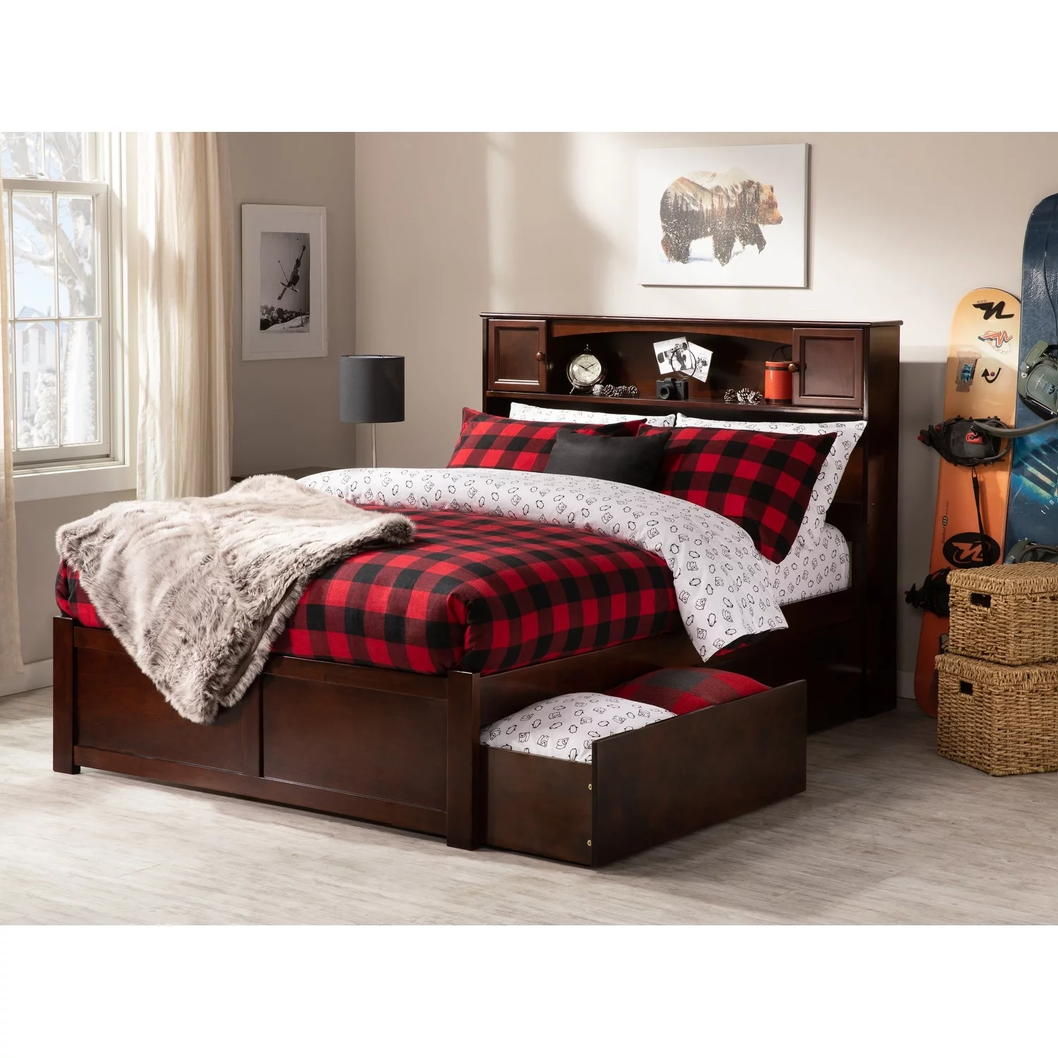 AFI Newport Full Platform Bed with Footboard 2 Drawers in Walnut