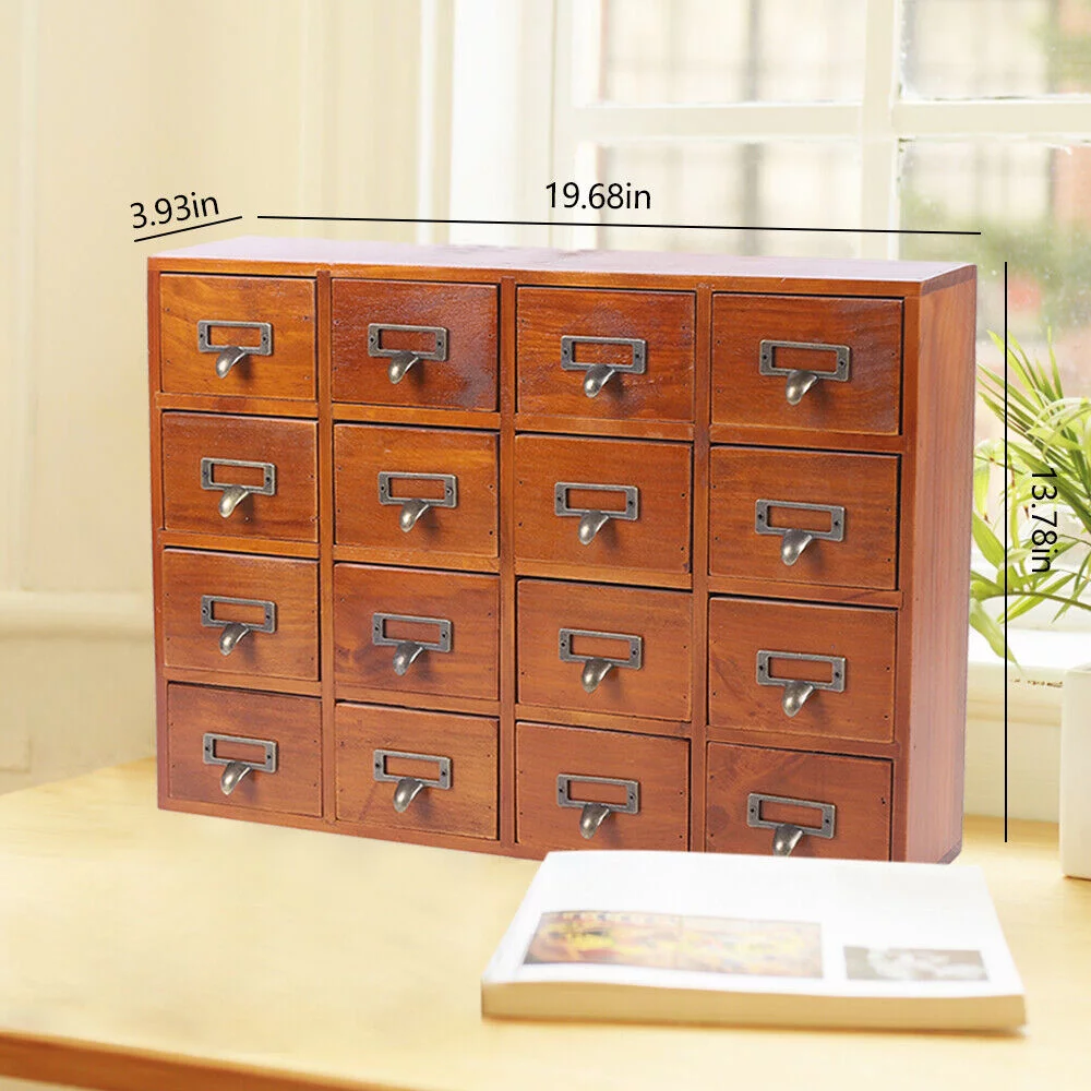 TFCFL 16-Grid Vintage Wooden Drawer Storage Box Apothecary Medicine Cabinet Tea Case