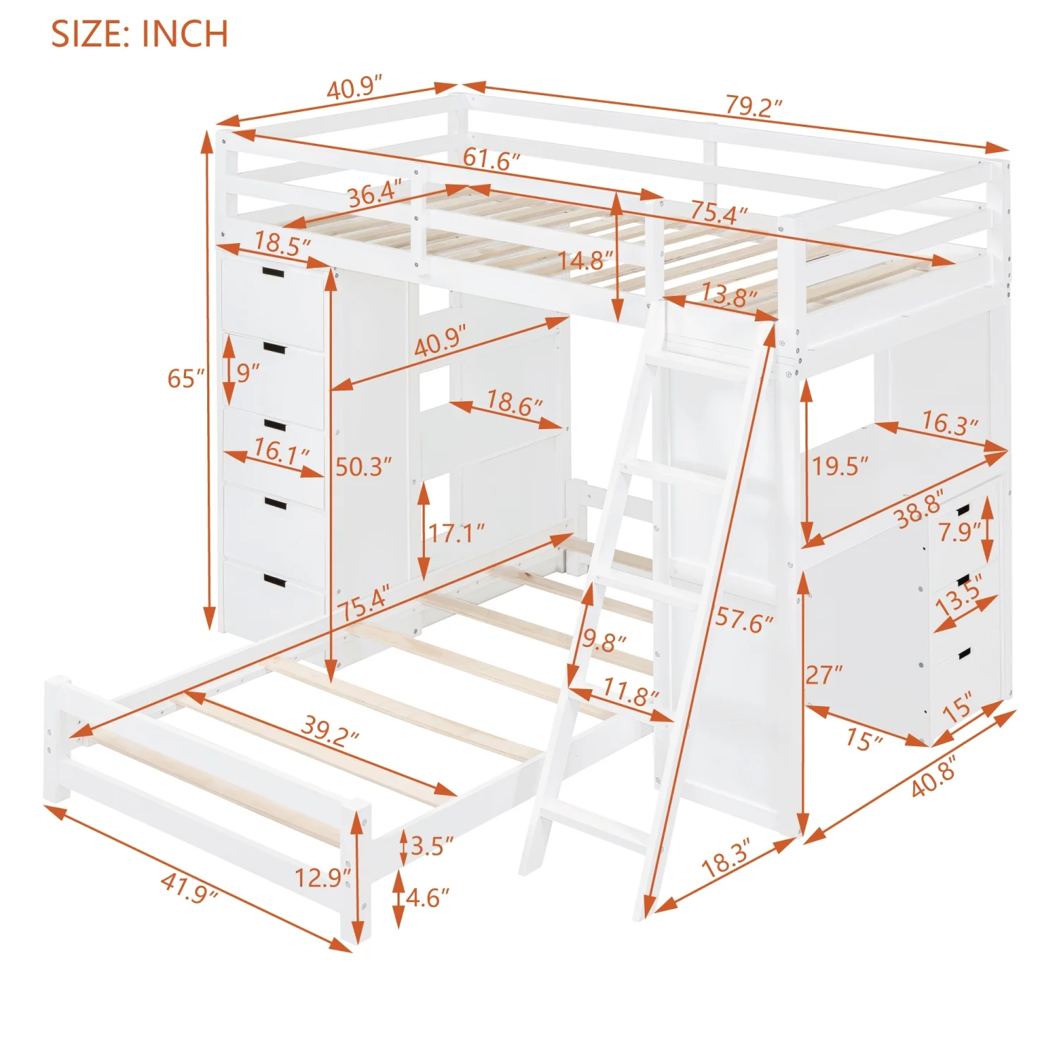 Churanty Twin Over Twin Separable Bunk Beds with Desk and Drawers, Wood L-Shape Bunk Bed Frame with USB Ports and LED Ligh for Kids Teens,White