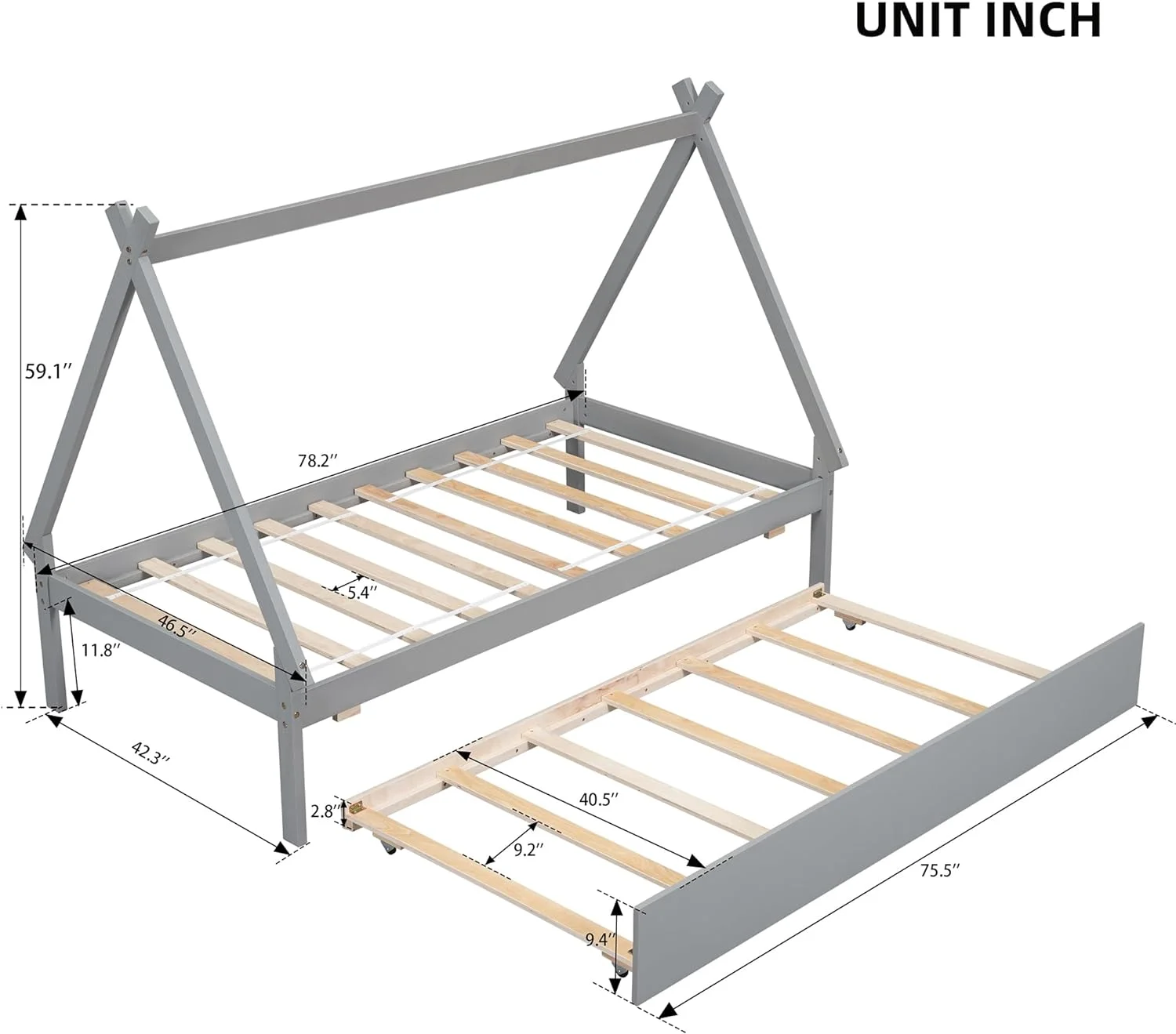 Size Tet Bed For Kids, Teepee Bed Frame With Trudle,Wood Motessori Bed For Girls Boys Bedroom Furiture, Grey