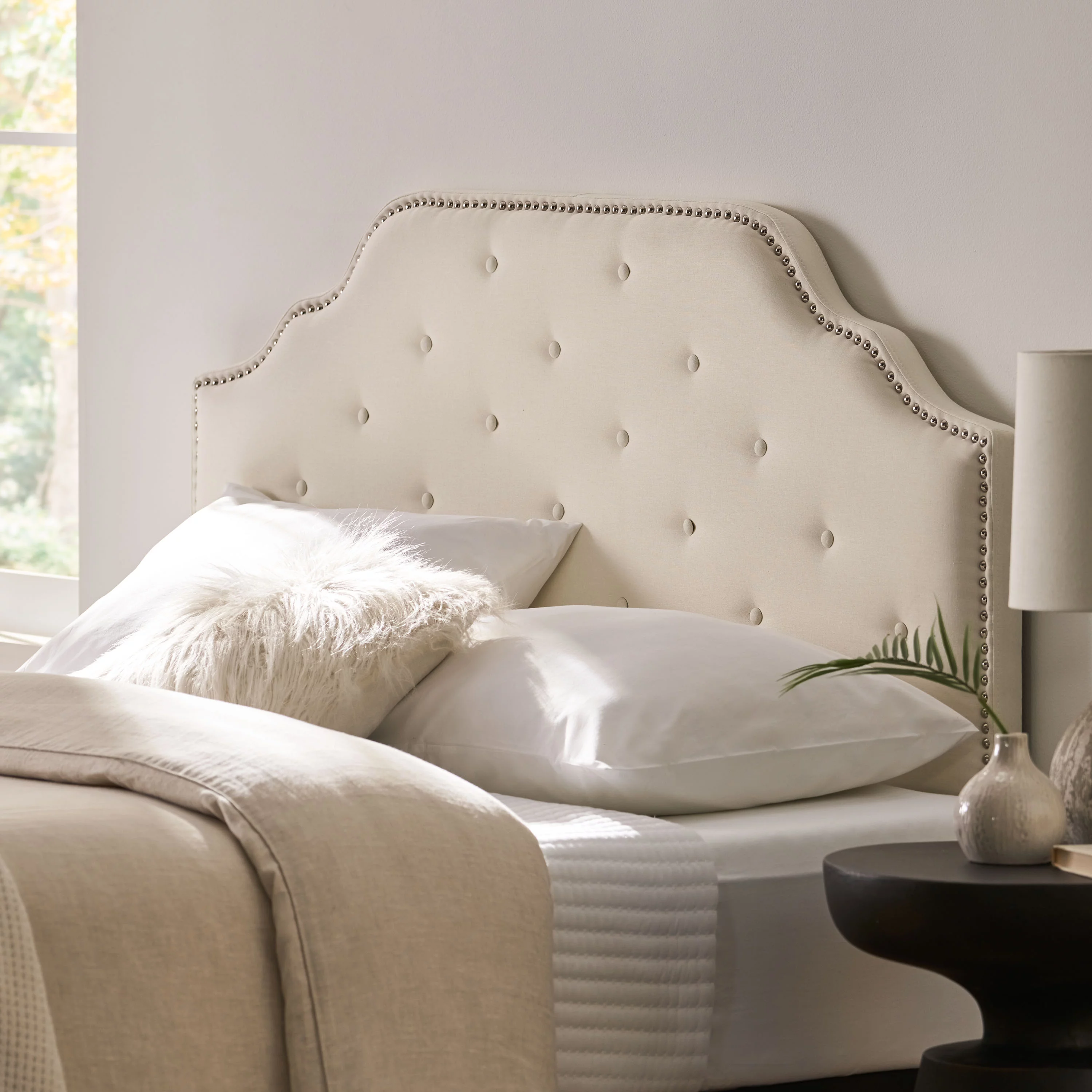 Soleil Fabric Upholstered Full/Queen Headboard, Ivory and Black