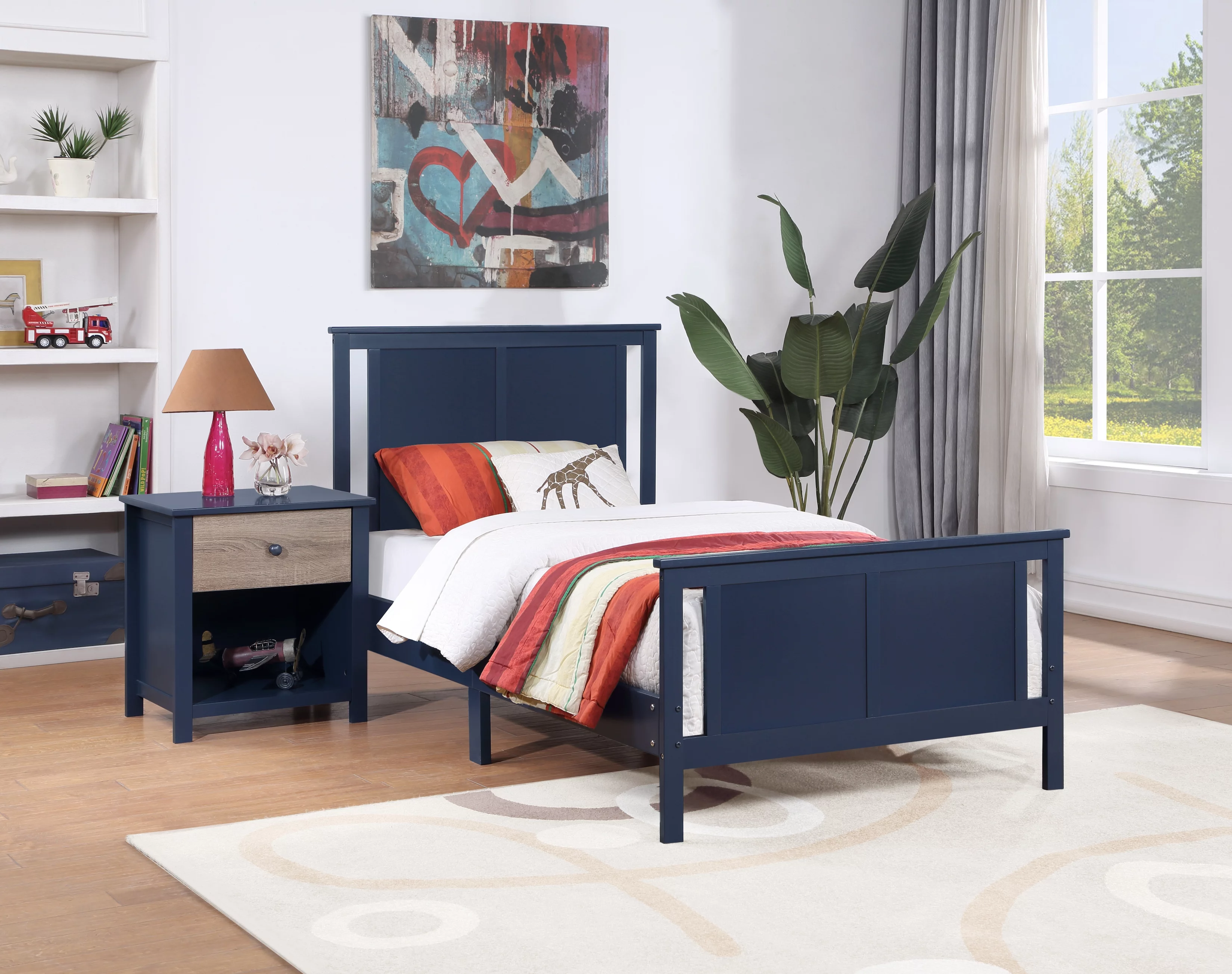 Olive & Opie Connelly Twin Bed Midnight Blue/Vintage Walnut