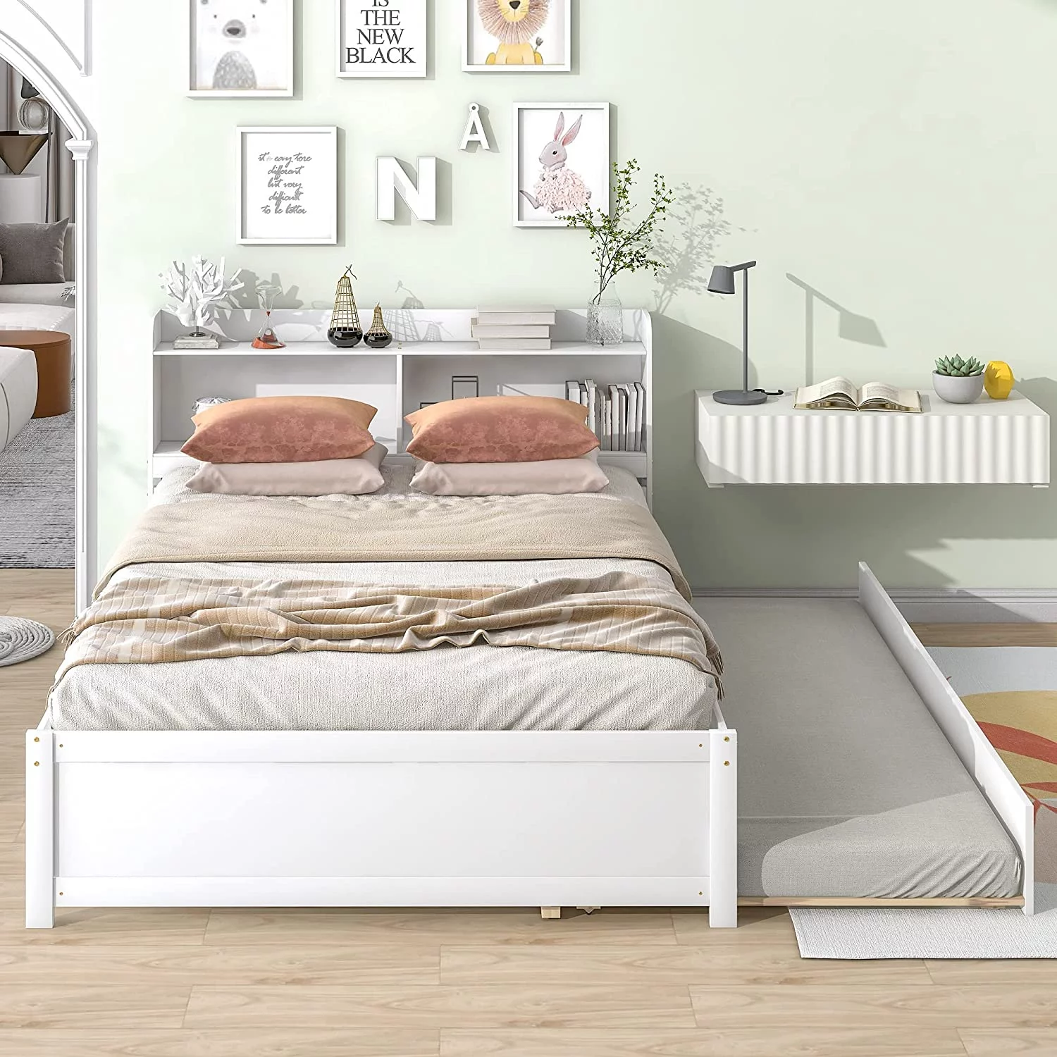 Bed Frame With Trundle, Wood Bed With Headboard, Size Platform Bed With Pull Out Trundle For Kids, Guest Room, Small Living Space, No Box Spring Needed, White